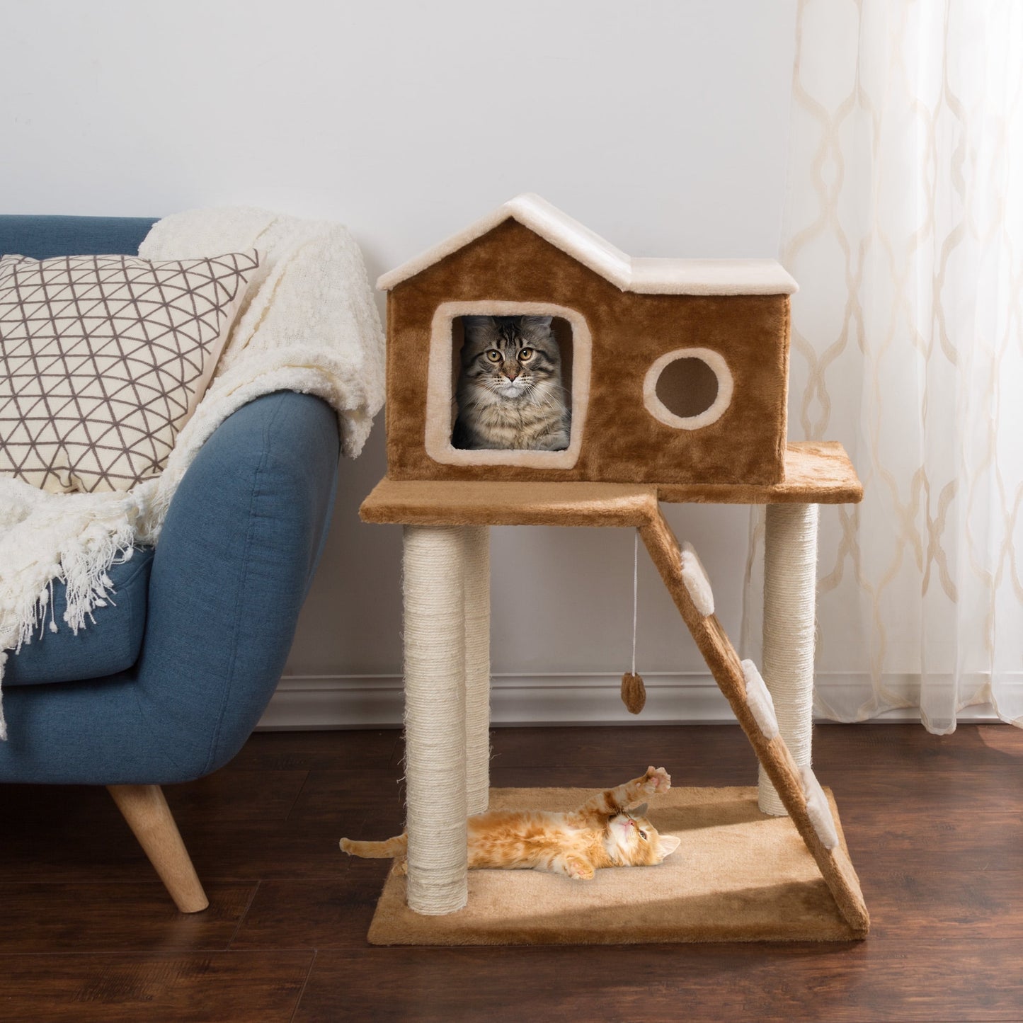 3-Tier Cat Tower - Napping Perches Cat Condo with Ladder 3 Sisal Rope Scratching Posts Hanging Toy ? Cat Tree for Indoor Cats by (Brown)