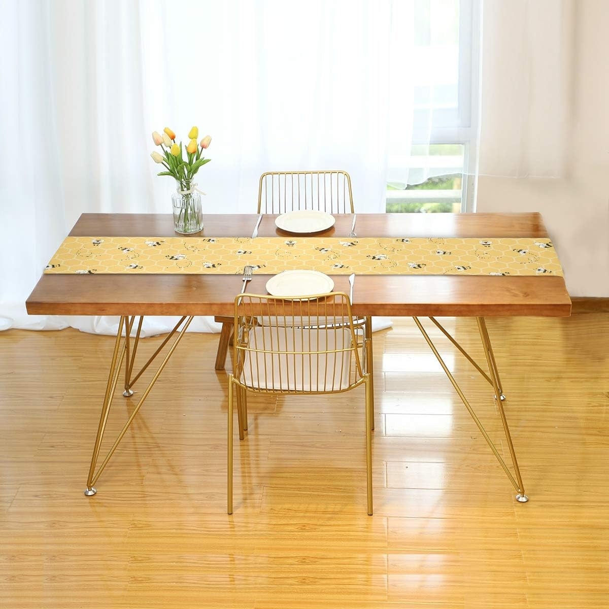 Honeycomb Animal Bee Table Runner 13X70 Inch, Rectangle Table Cloth Runner Polyester for Office Kitchen Dining Wedding Party Home Coffee Table