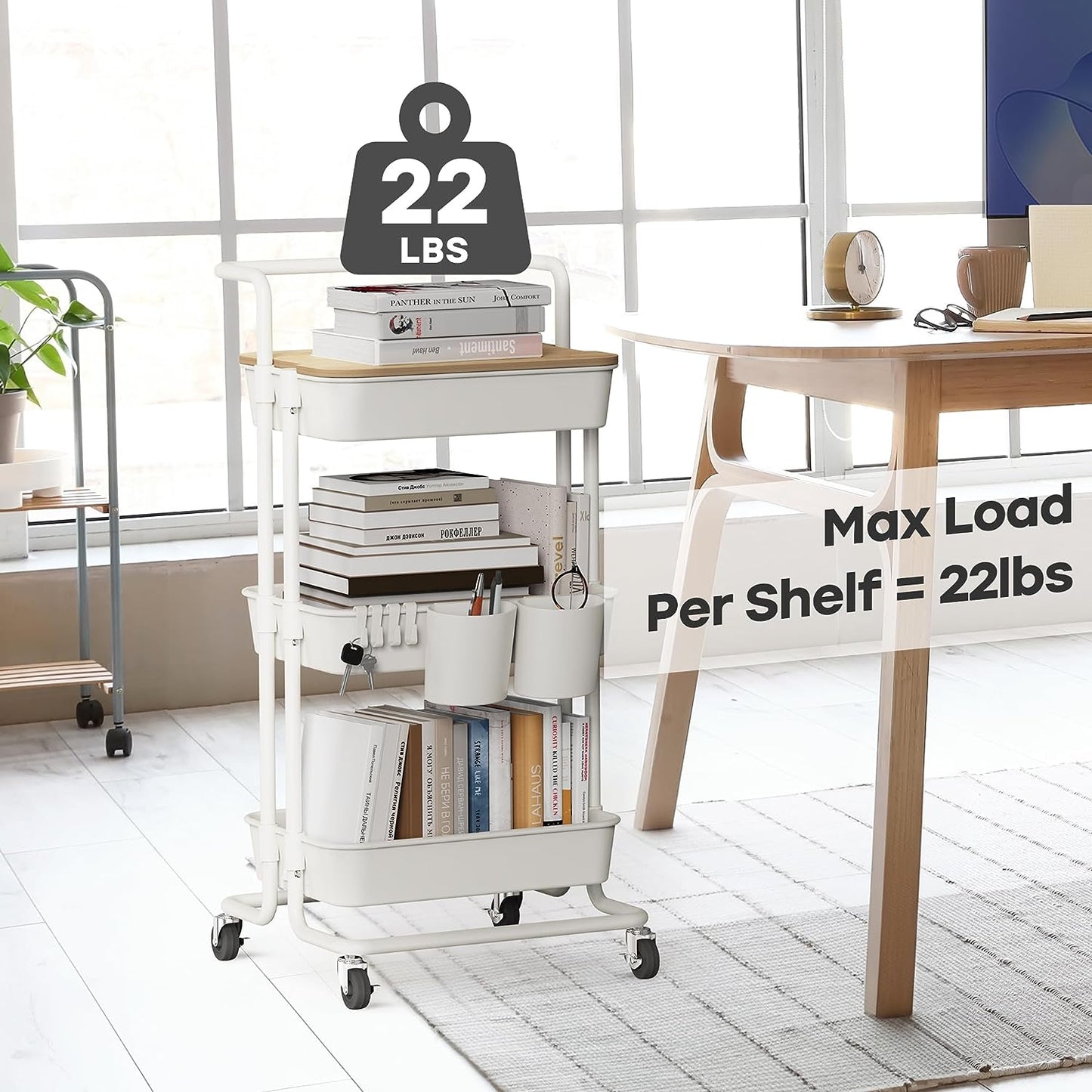 3 Tier Rolling Utility Cart with Cover Top Board, Movable Kitchen Storage Cart Trolley with Lockable Wheels, Cups, Hooks for Kitchen Bathroom Home Office Art Craft Storage and Organization(White)