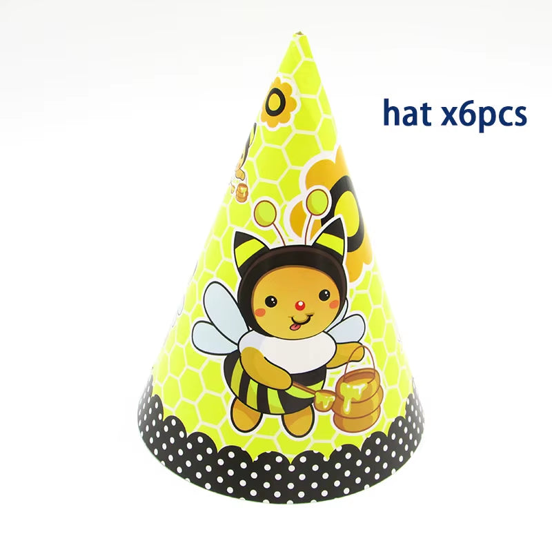6Pcs Cartoon Bumble Bee Party Disposable Tableware Cups Plates Hats Straw Birthday Party Decorations Kids for 6 Person