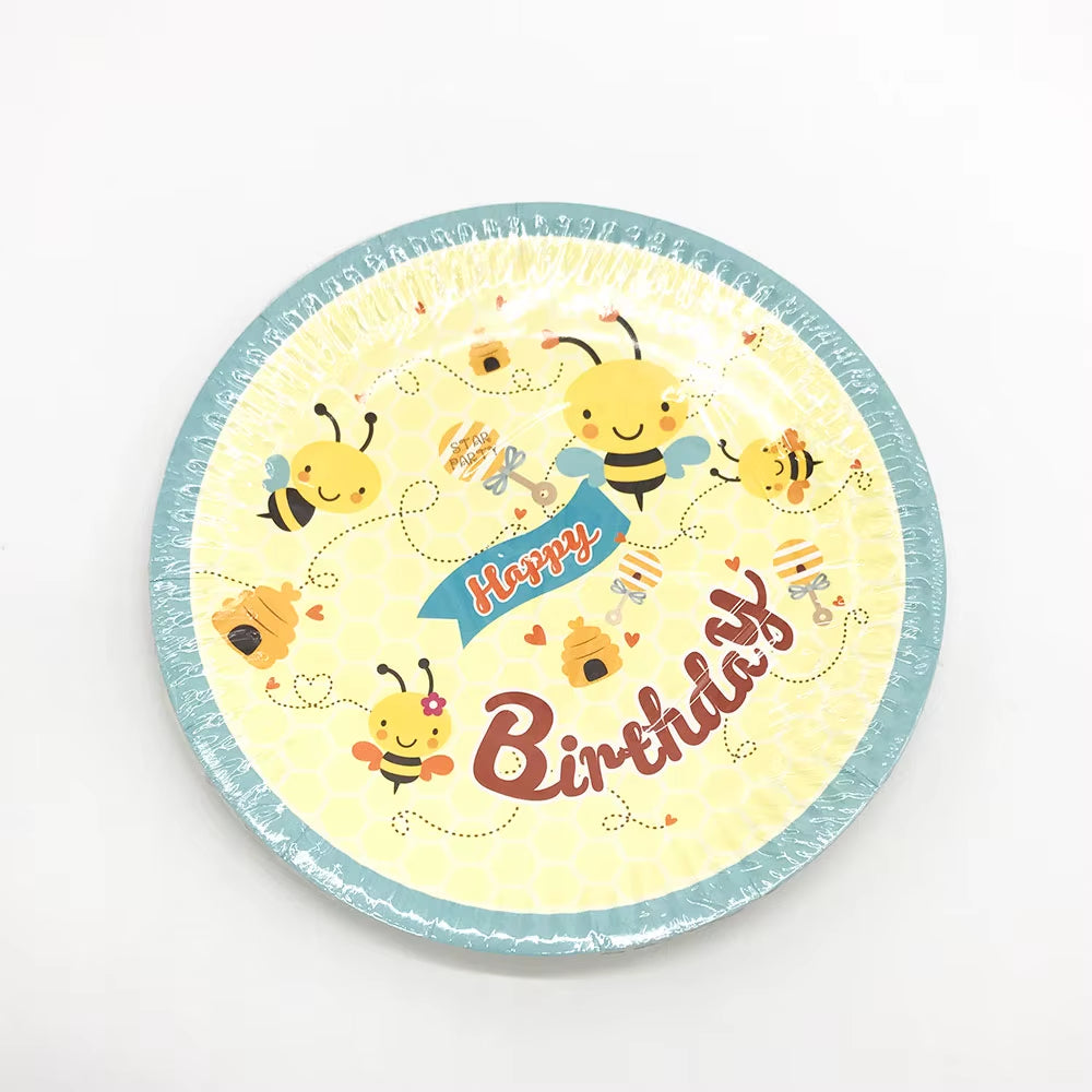 Cute Cartoon Honey Bee Disposable Tableware Plate Cup Kids Birthday Party Decorations Yellow Baby Bee Day Supplies