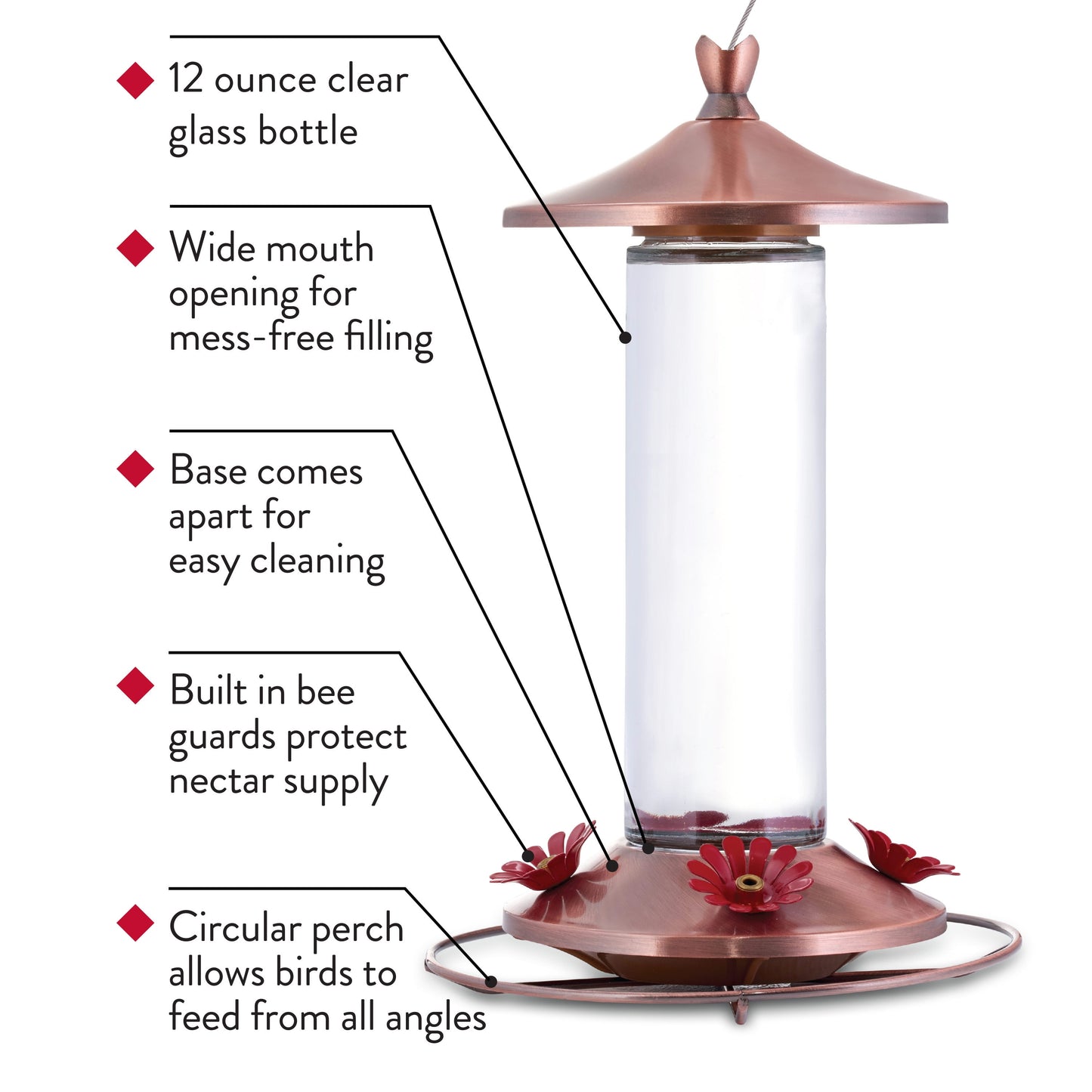 Elegant Copper Glass Hummingbird Feeder - 12 Oz