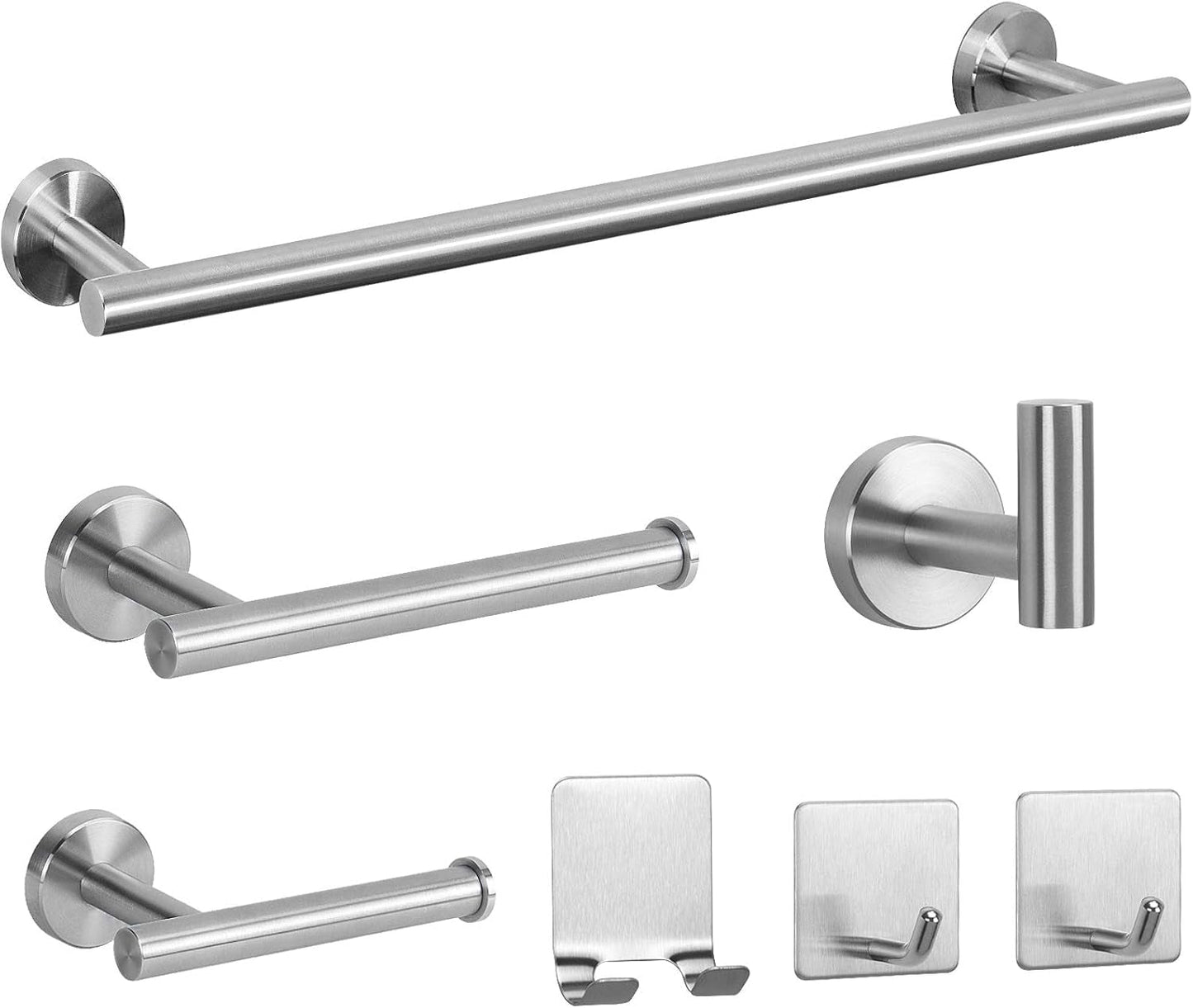 7 Pieces Bathroom Hardware Set SUS304 Thicken Stainless Steel-Towel Rack Kit Include 24" Towel Rod+ 9" Hand Towel Bar+ Toilet Paper Holder+4Robe Towel Hooks Bath Accessories (Nickel)