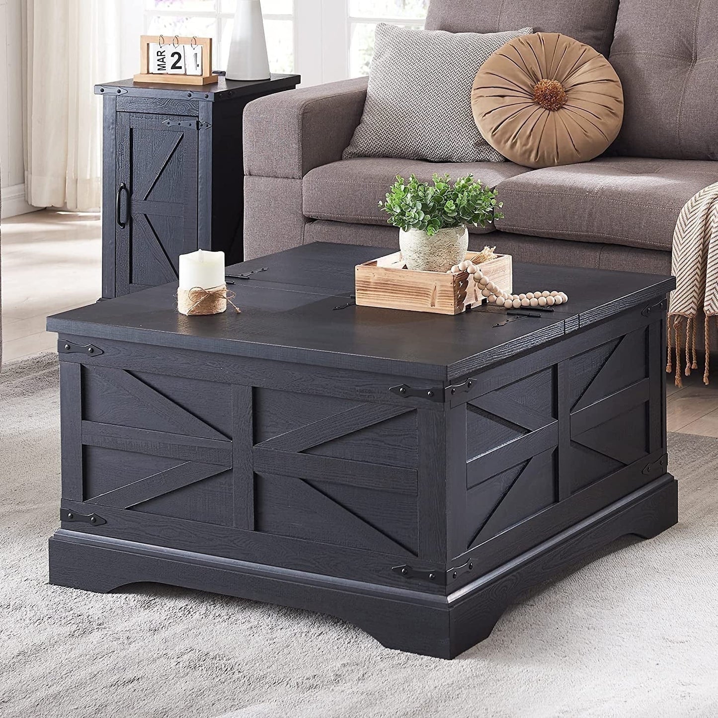 Farmhouse Coffee Table with Storage and Lift Top, Square Wood Center for Living Room, Brown