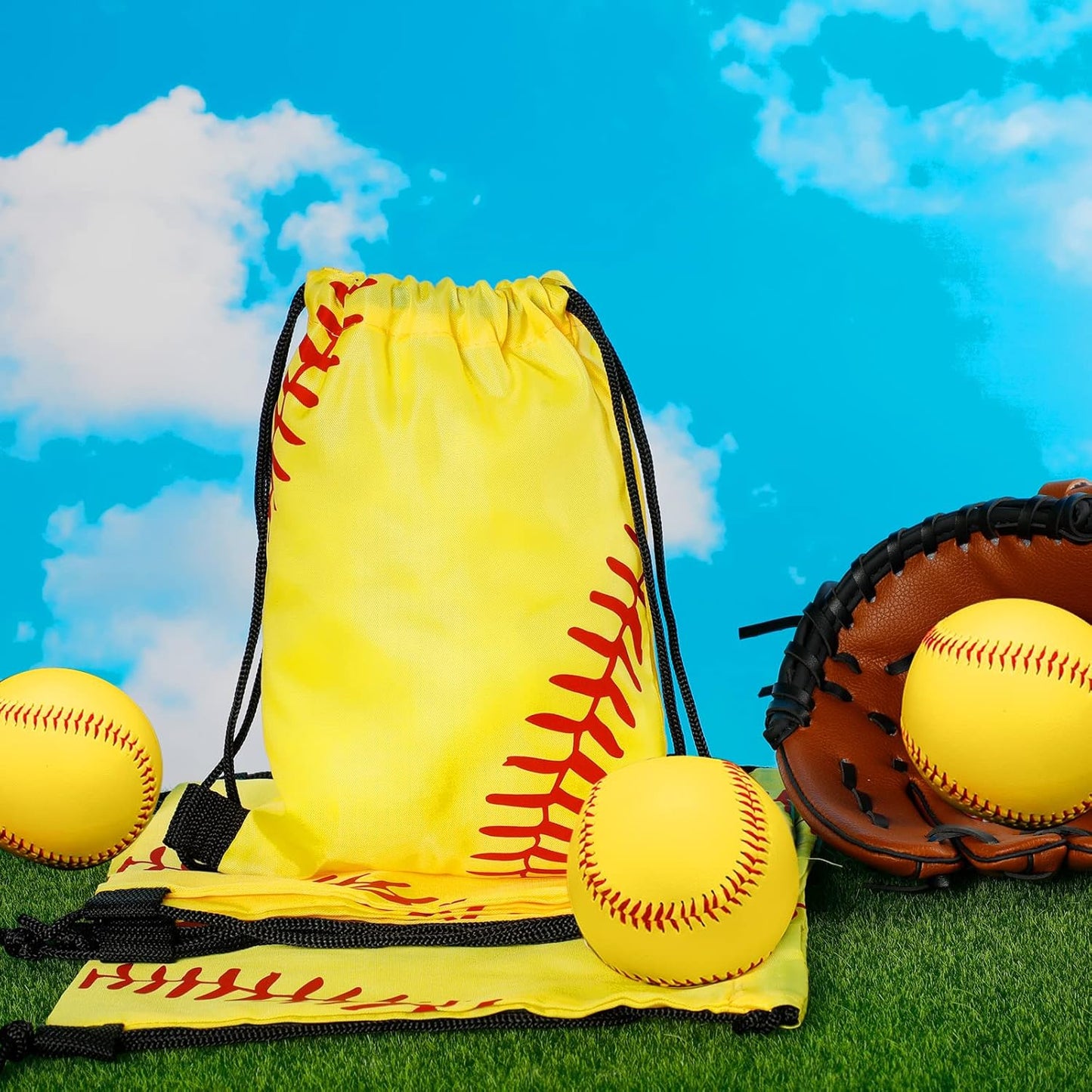 12 Pieces Small Sport Drawstring Bags Candy Bag Sport Party Drawstring Goodie Favor Supplies Gifts(Softball,7 X 10 Inch)