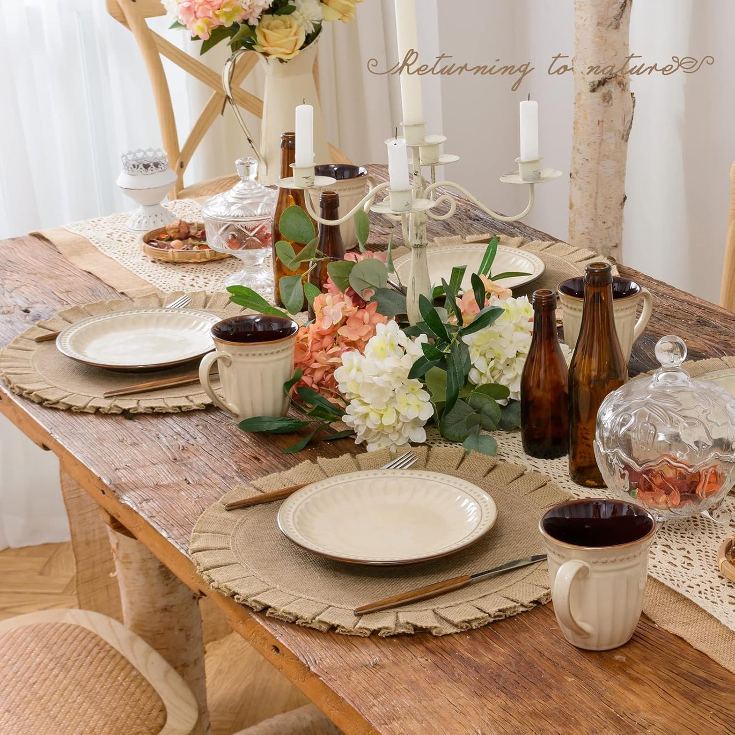 Burlap round Braided Placemats Set of 6 for Dining Tables 15 Inch Heat Resistant Jute Table Mats Farmhouse Woven Fabric Natural Place Mats for Fall Decoration(Ruffled Lace)