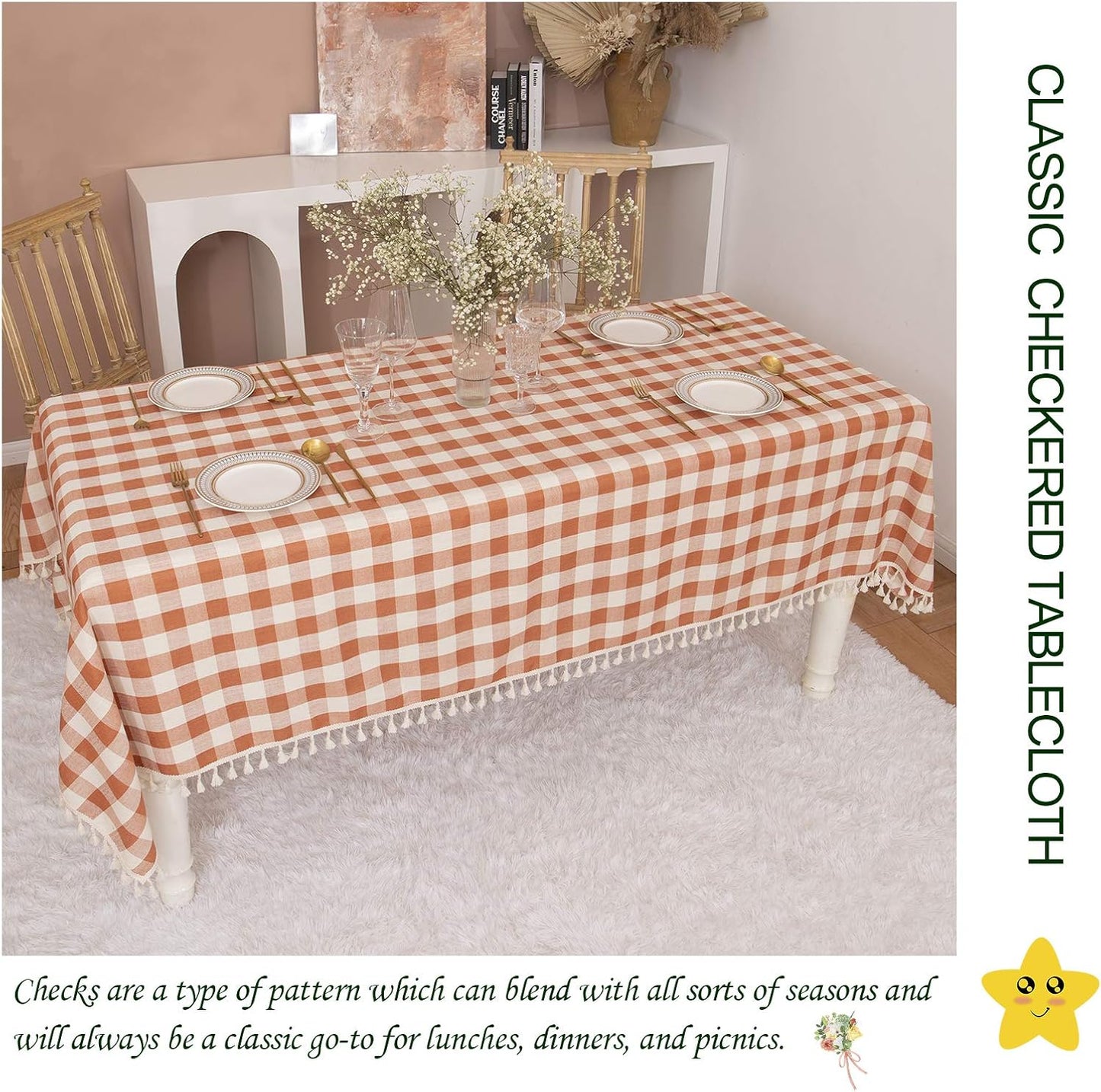 Rustic Gingham Tablecloth, Cotton Buffalo Plaid Table Cloth for Fall Thanksgiving Christmas Kitchen Restaurant Holiday Outdoor Picnic Decoration(Rectangle/Oblong, 55X84,Orange