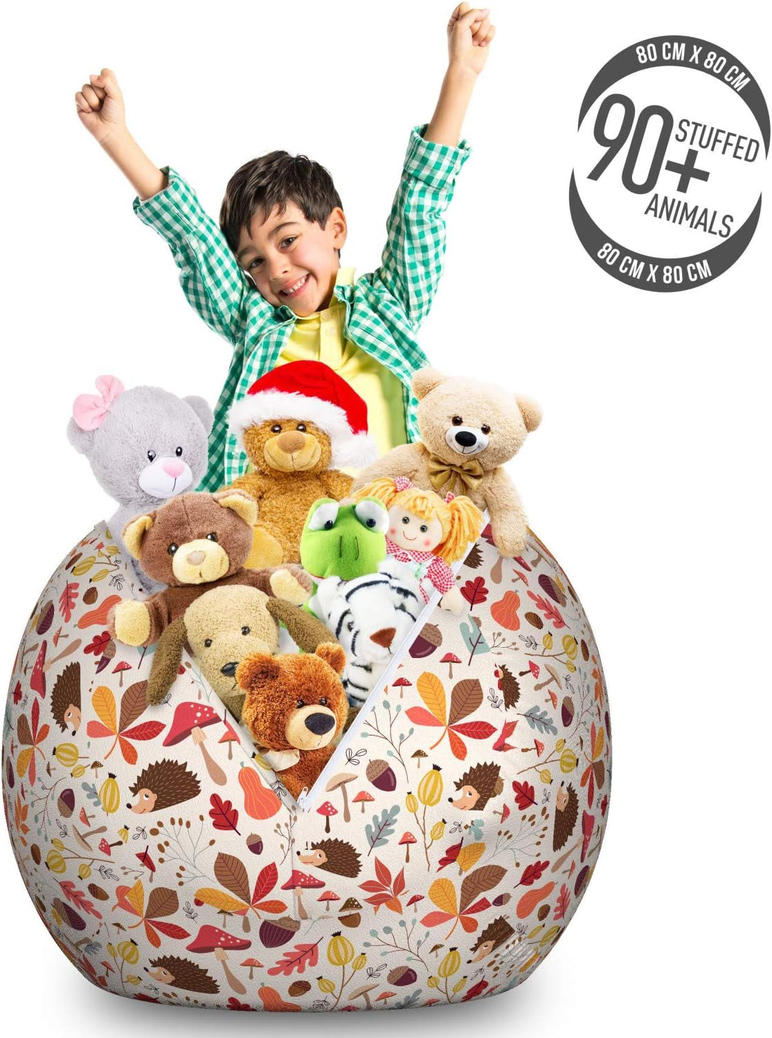 Autumn Storage Toy Bag Chair, Forest Foliage with Woods Wildlife Cartoon Style Mushroom Pinecone and Hedgehog, Stuffed Animal Organizer Washable Bag, Large Size, Brown White