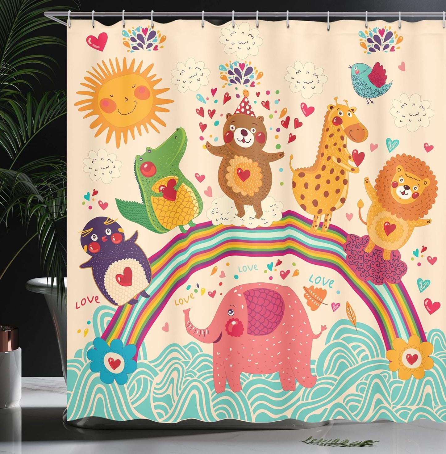 Cartoon Shower Curtain, Happy Animals Bear Lion Crocodile Birds on Rainbow Drawing Effect, Cloth Fabric Bathroom Decor Set with Hooks, 69" W X 70" L, Orange Green