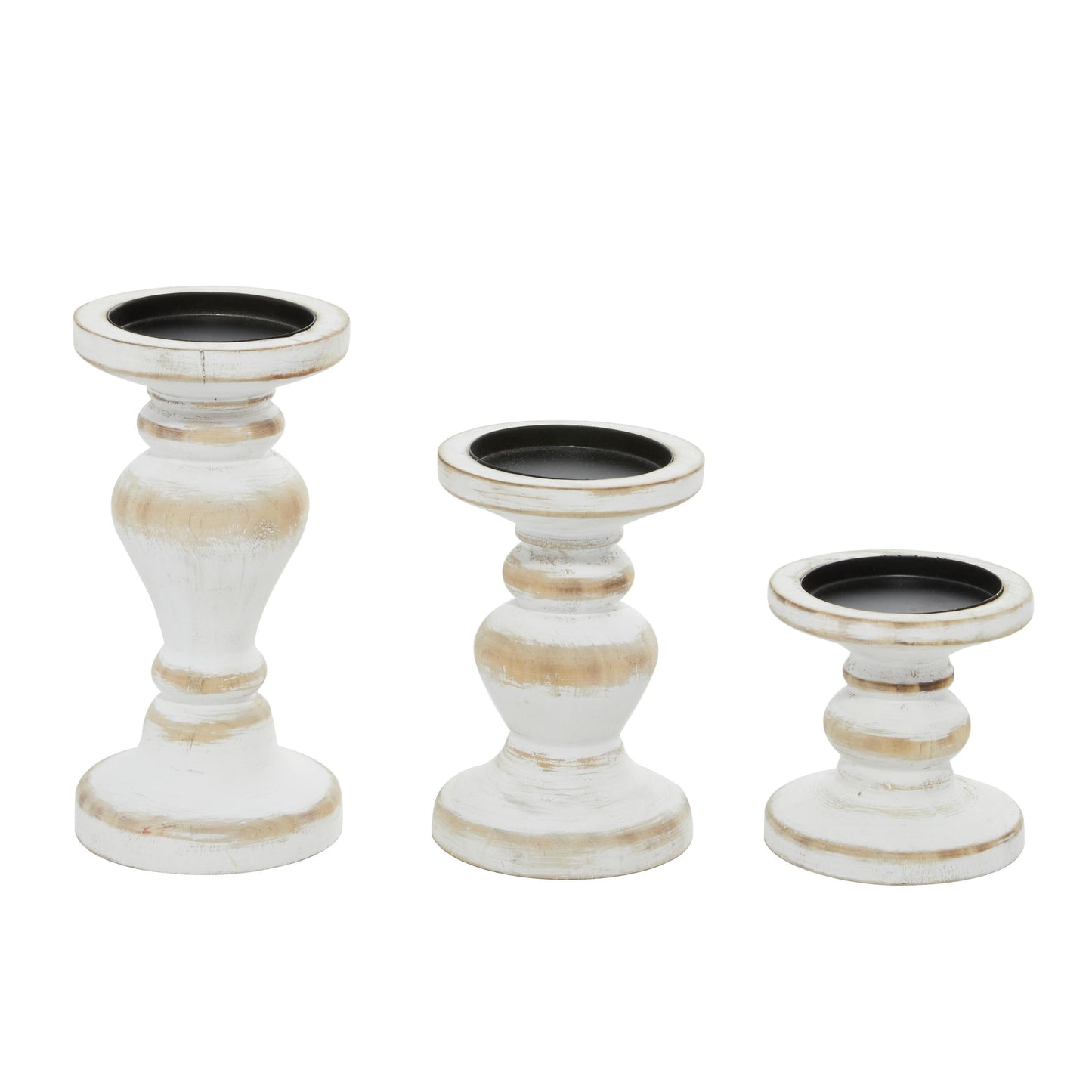 Farmhouse White Washed Wooden Curved Pillar Candle Holders Set of 3, 8", 6", 4"H Natural Distressed Finish