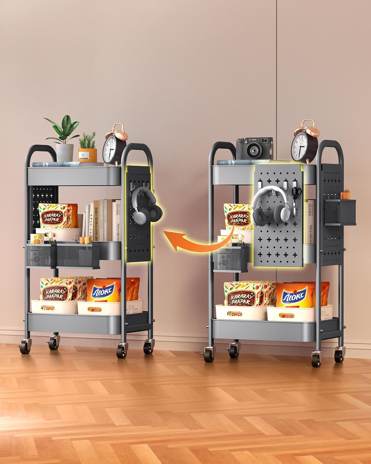 3 Tier Rolling Cart with DIY Pegboards Metal Utility Cart with Wheels Handles Baskets Hooks, Storage Cart for Office Kitchen Bathroom(Gray)