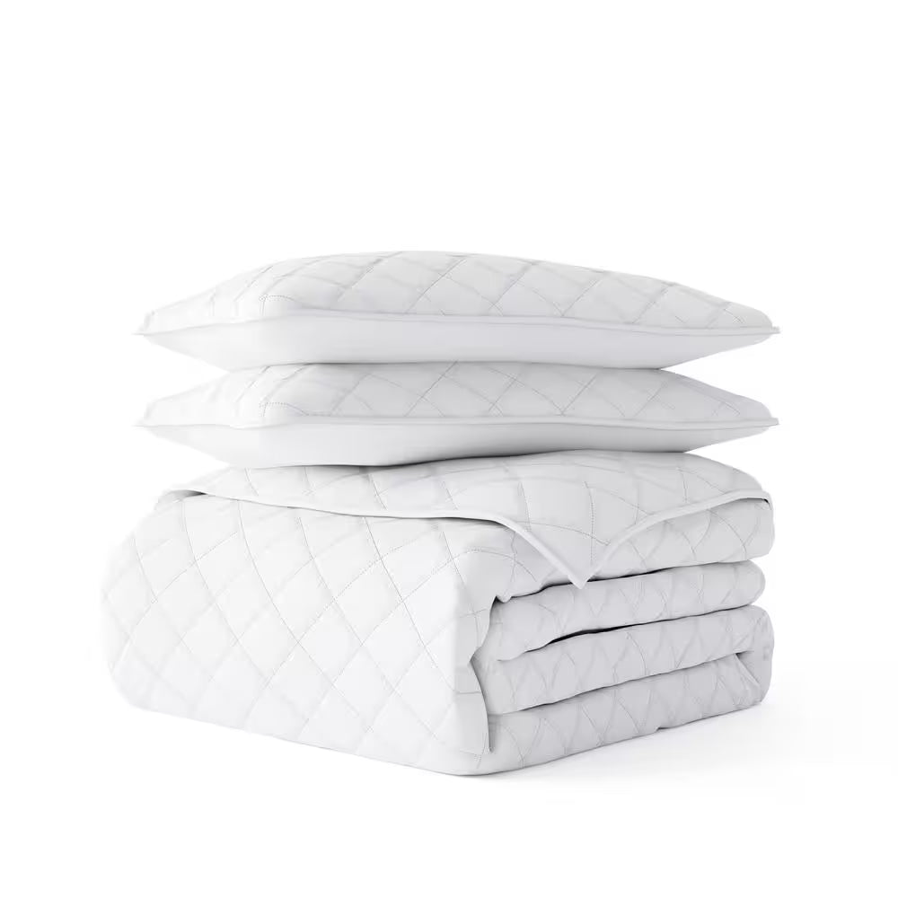 All Season 3-Piece White Diamond Stitch Microfiber Quilt Set, King/Calking