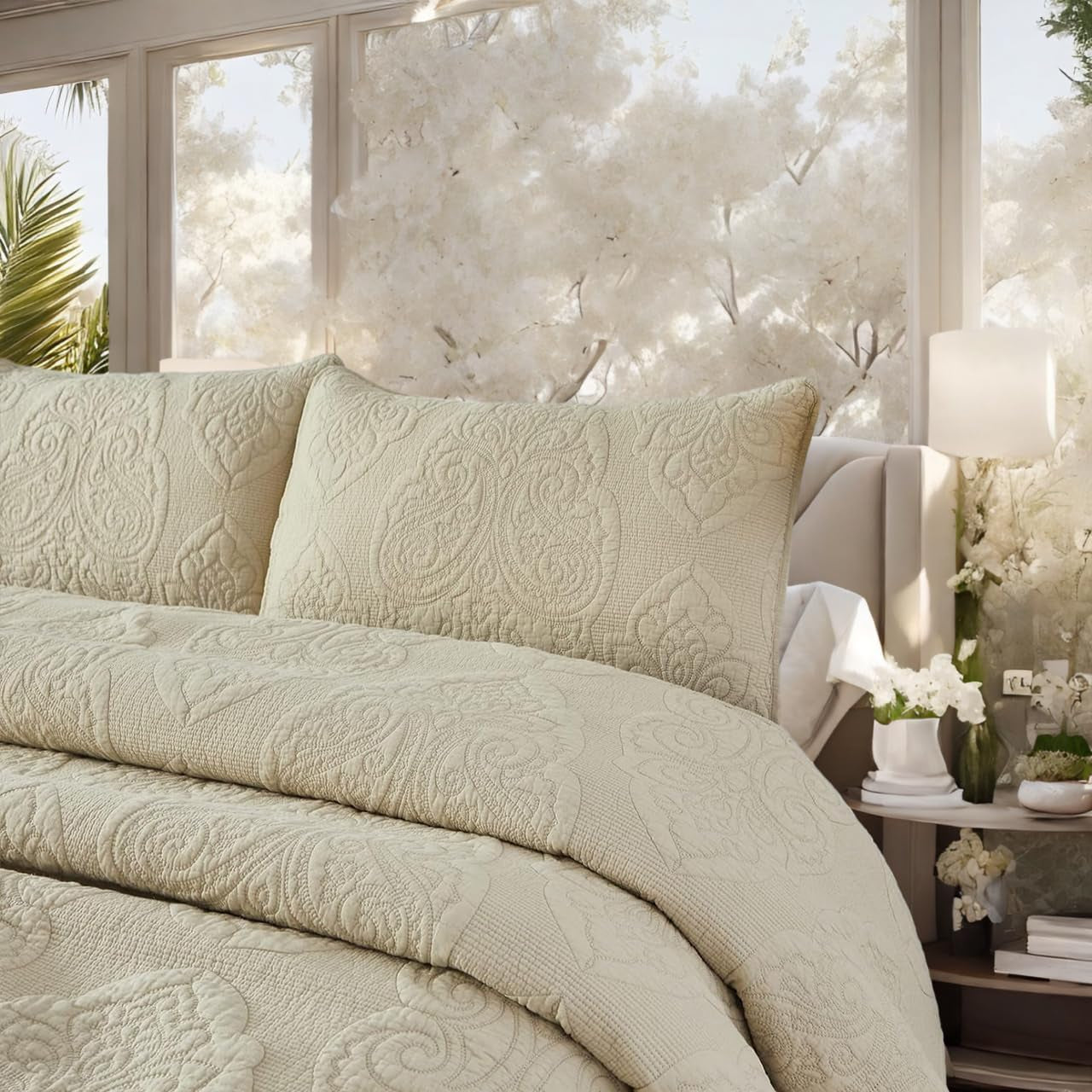 Queen Size Quilt Set Cotton Beige Quilted Comforter Set Luxury Paisley Matelasse Coverlet Set 3-Piece