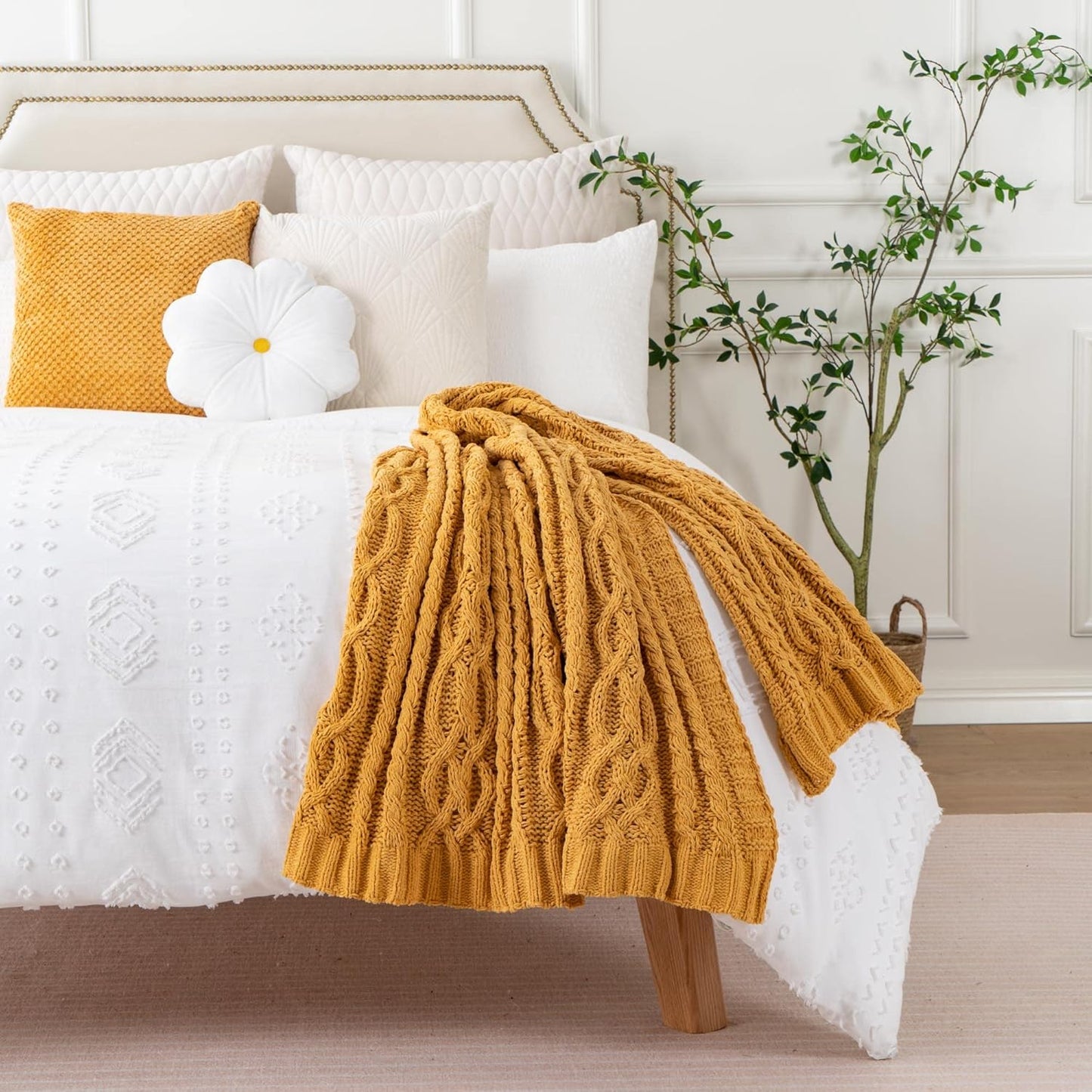Mustard Yellow 51"X67" Chenille Throw Blanket for Couch, Sofa, Bed, All Seasons, Soft, Warm, Cozy