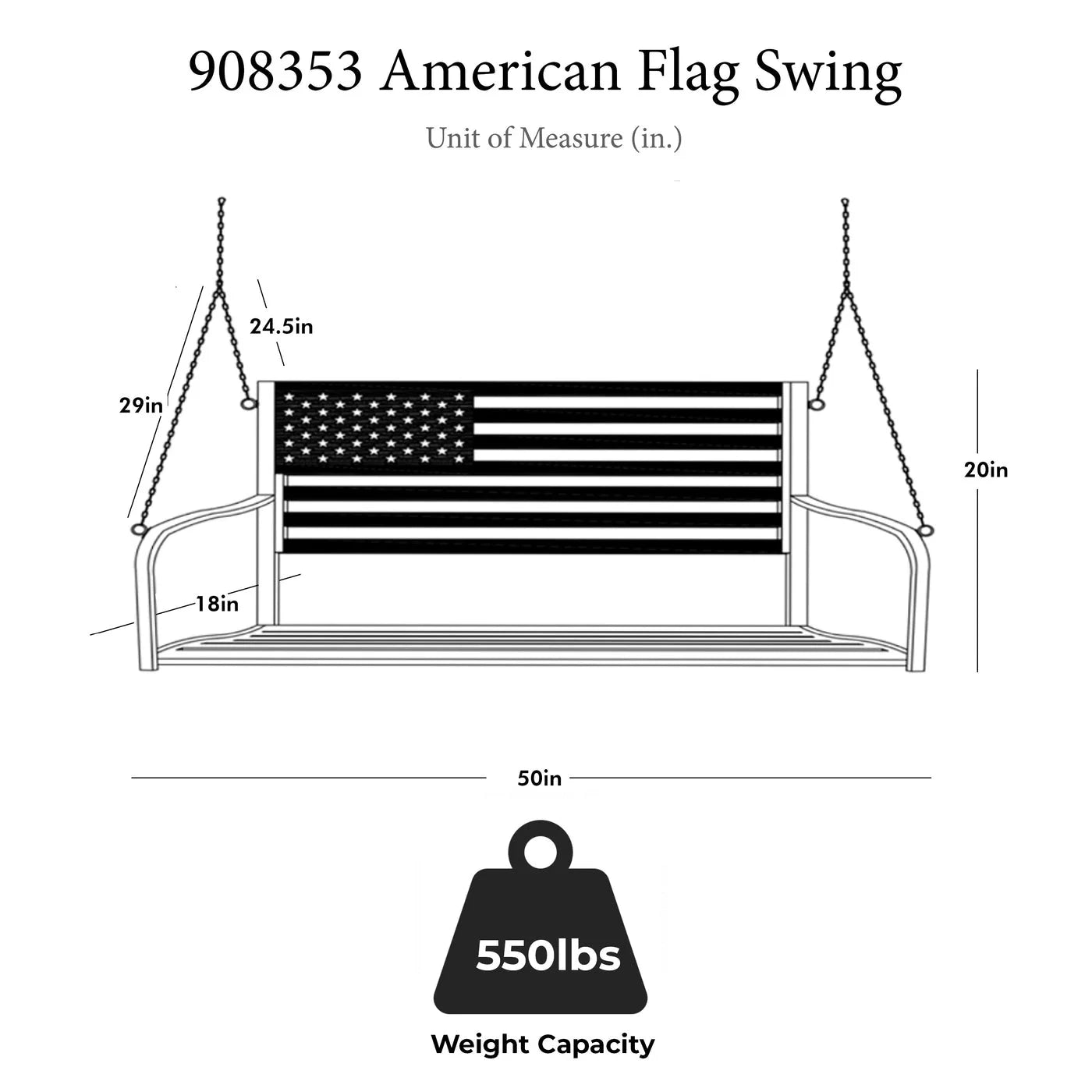 American Flag Outdoor Porch Swing W Hanging Chains - Red, White, Blue