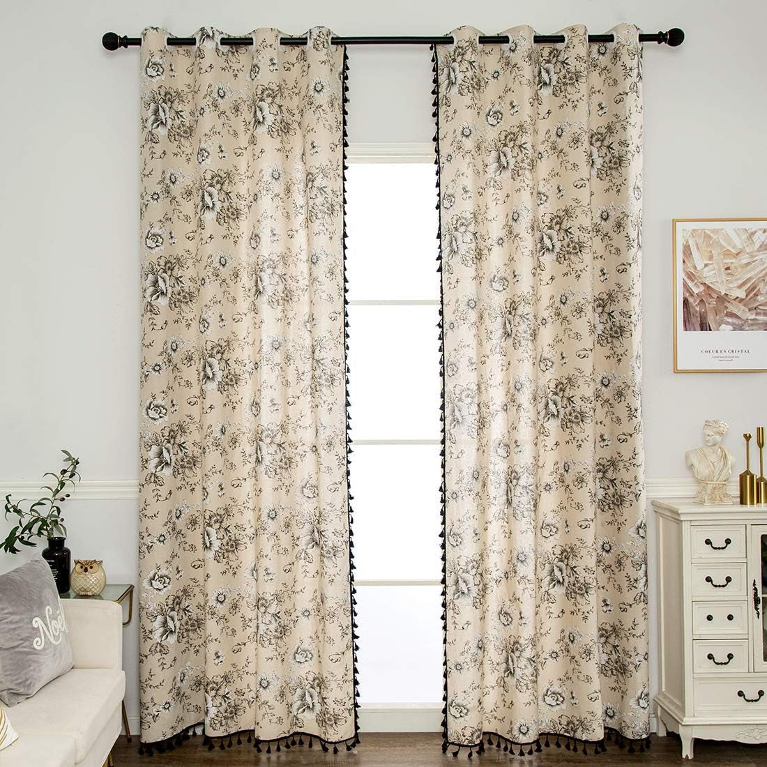 Cotton Linen Floral Window Curtain with Tassels Farmhouse Room Darkening Grommet Curtains for Bedroom Living Room Windows, 1 Panel (Floral,59"X63")