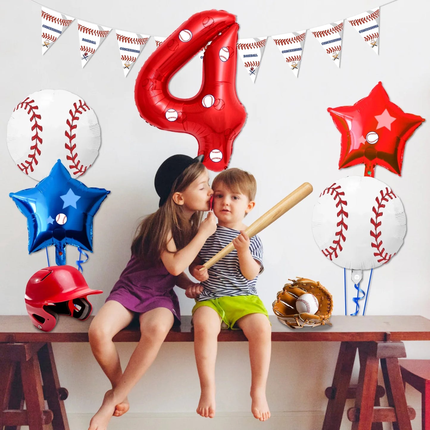 5 Pcs Baseball Balloons Set - Includes Baseball Foil Balloons, Number4 Balloon, Blue Red Star Balloons, Baseball Stickers for Baseball Party Supplies