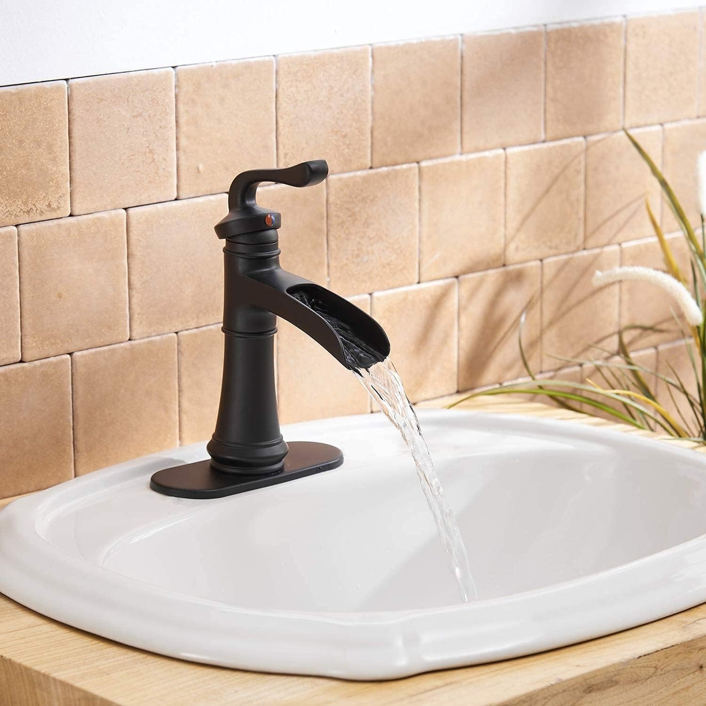 Matte Black Bathroom Faucet Waterfall Sink Faucets & Parts with Drain Stopper, Solid Brass Construction, Easy Installation, Lead-Free