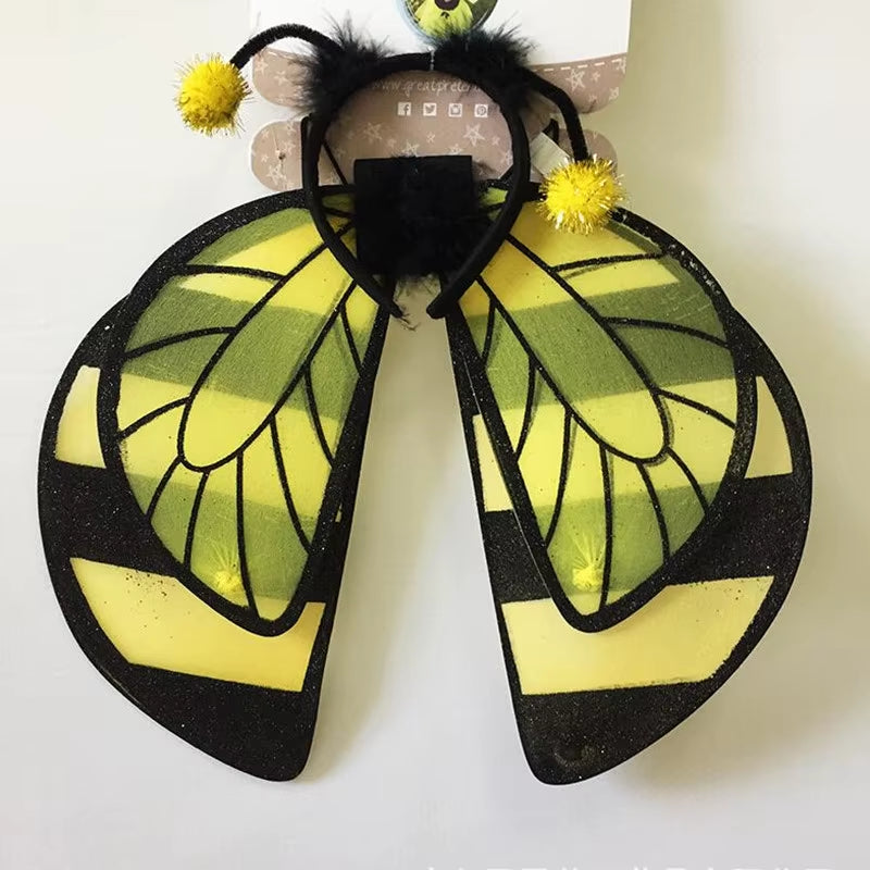 Girl Boy Kids Yellow Bee Wing Headband 2Pcs Set Cosplay Performance Props Birthday Party Gift Costume Christmas Halloween