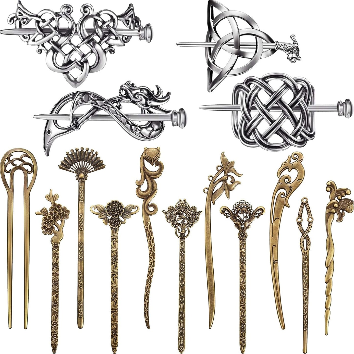 4 Pieces Retro Silver Celtic Hair Slide Hairpins and 11 Pieces Vintage Bronze Viking Hair Sticks Hair Accessories for Women Girls