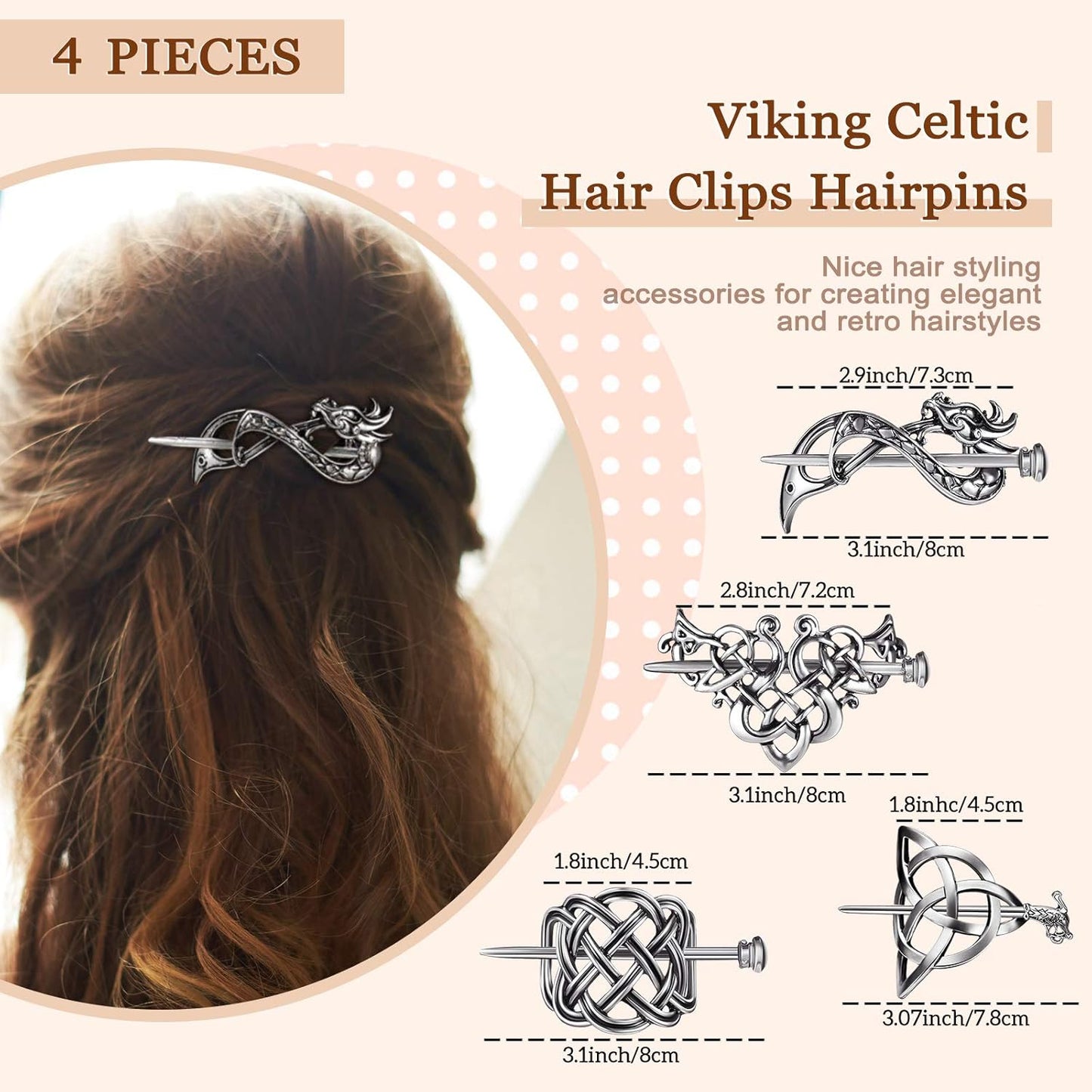 4 Pieces Retro Silver Celtic Hair Slide Hairpins and 11 Pieces Vintage Bronze Viking Hair Sticks Hair Accessories for Women Girls