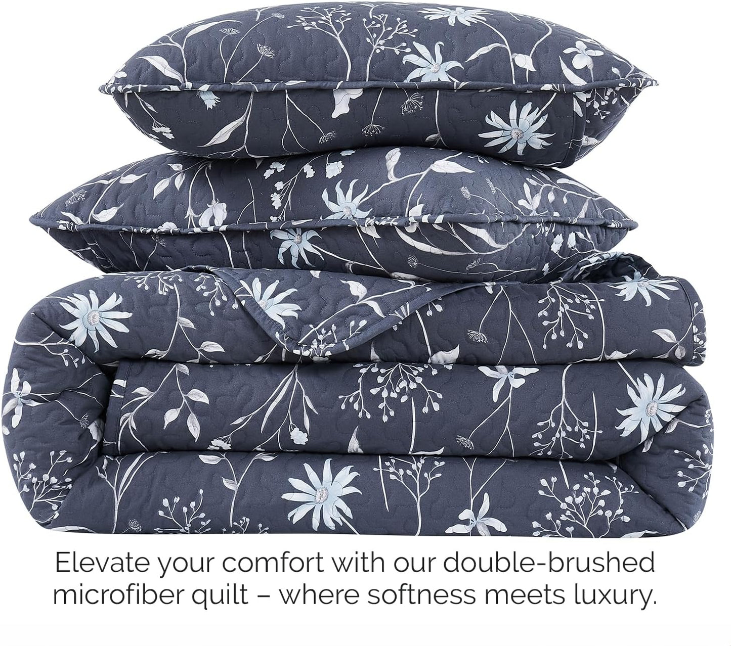 Oversized Queen Size Quilt Bedding Set, All Season Lightweight Bedspread, Boho Coverlet Full Size, Floral Bedding 3-Piece Set with Two Matching Shams, Full/Queen, Blue
