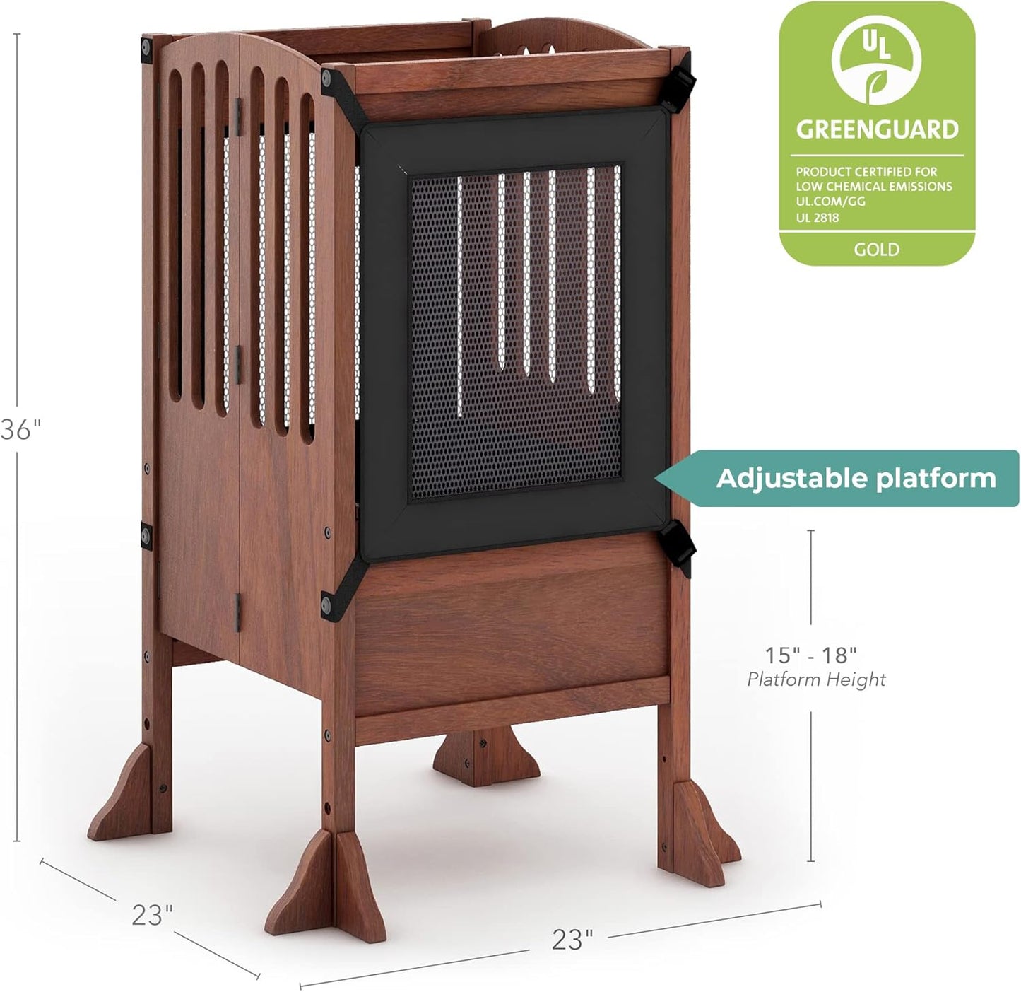 Contemporary Kitchen Helper® Stool with 2 Keepers - Walnut: Adjustable Height Wooden Counter Step Stool for Toddlers