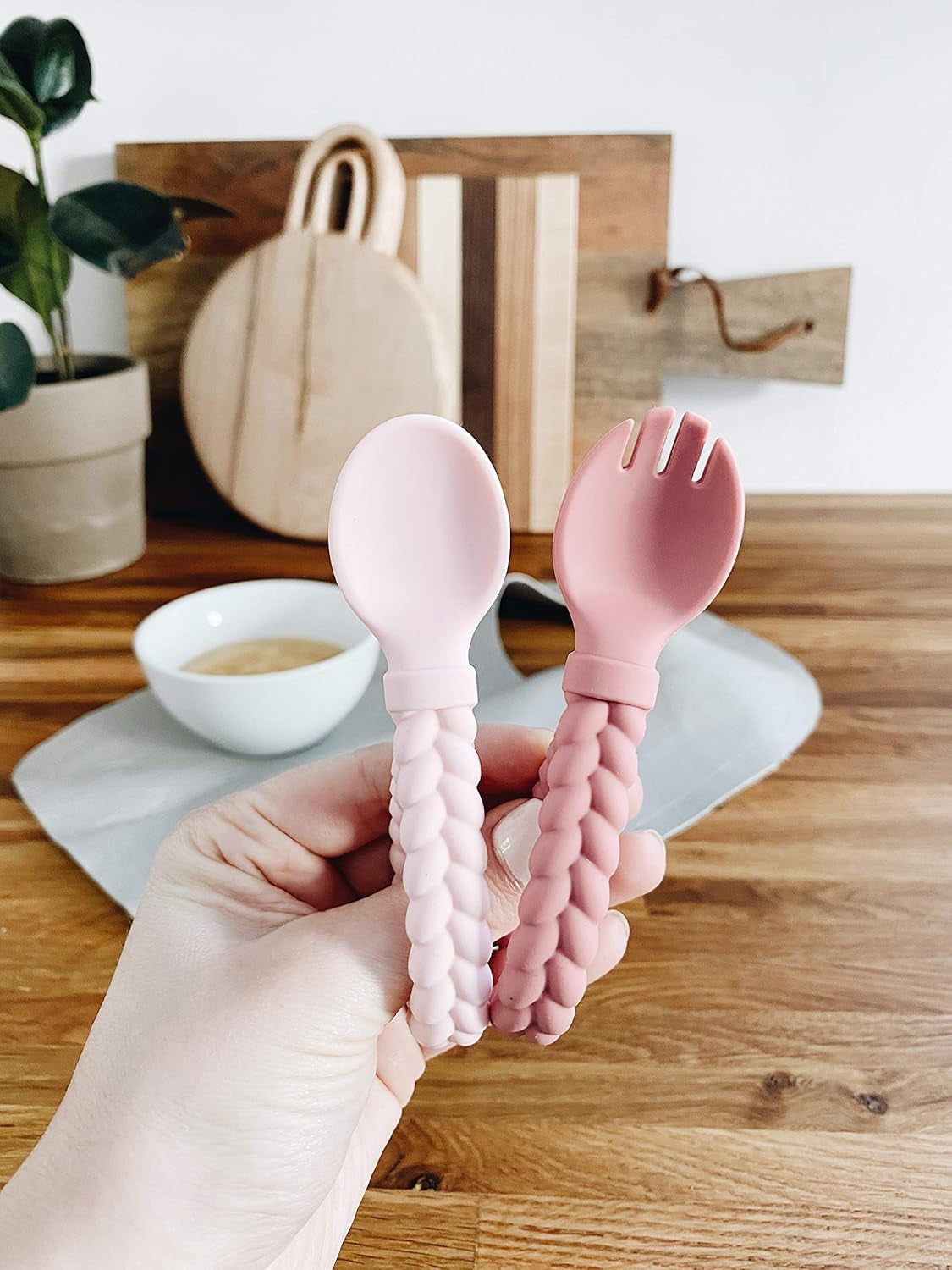 Silicone Spoon & Fork Set; Baby Utensils Featuring a Baby Fork and Spoon with Looped, Braided Handles - Made of 100% Food Grade Silicone & Bpa-Free - Ages 6 Months and up (Pink)