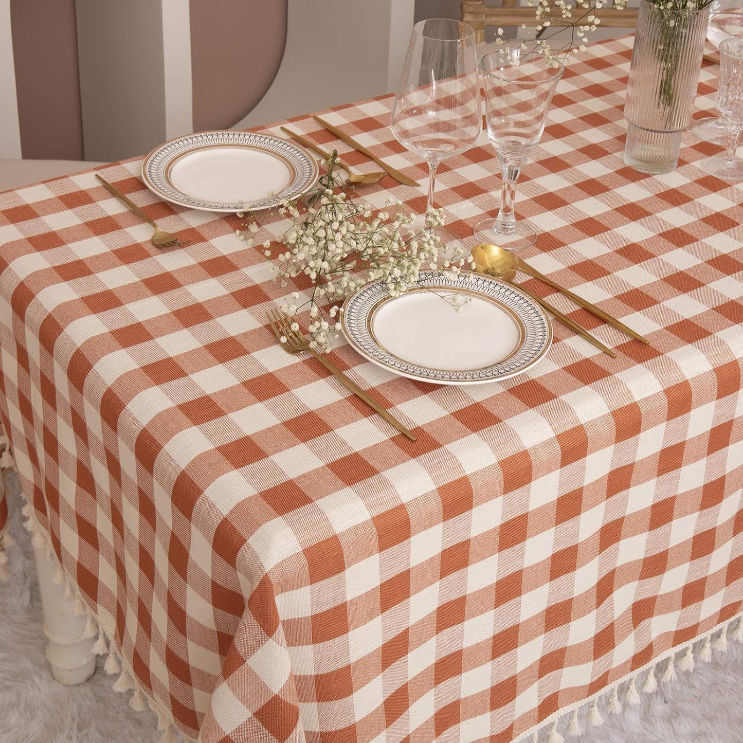 Rustic Gingham Tablecloth, Cotton Buffalo Plaid Table Cloth for Fall Thanksgiving Christmas Kitchen Restaurant Holiday Outdoor Picnic Decoration(Rectangle/Oblong, 55X84,Orange