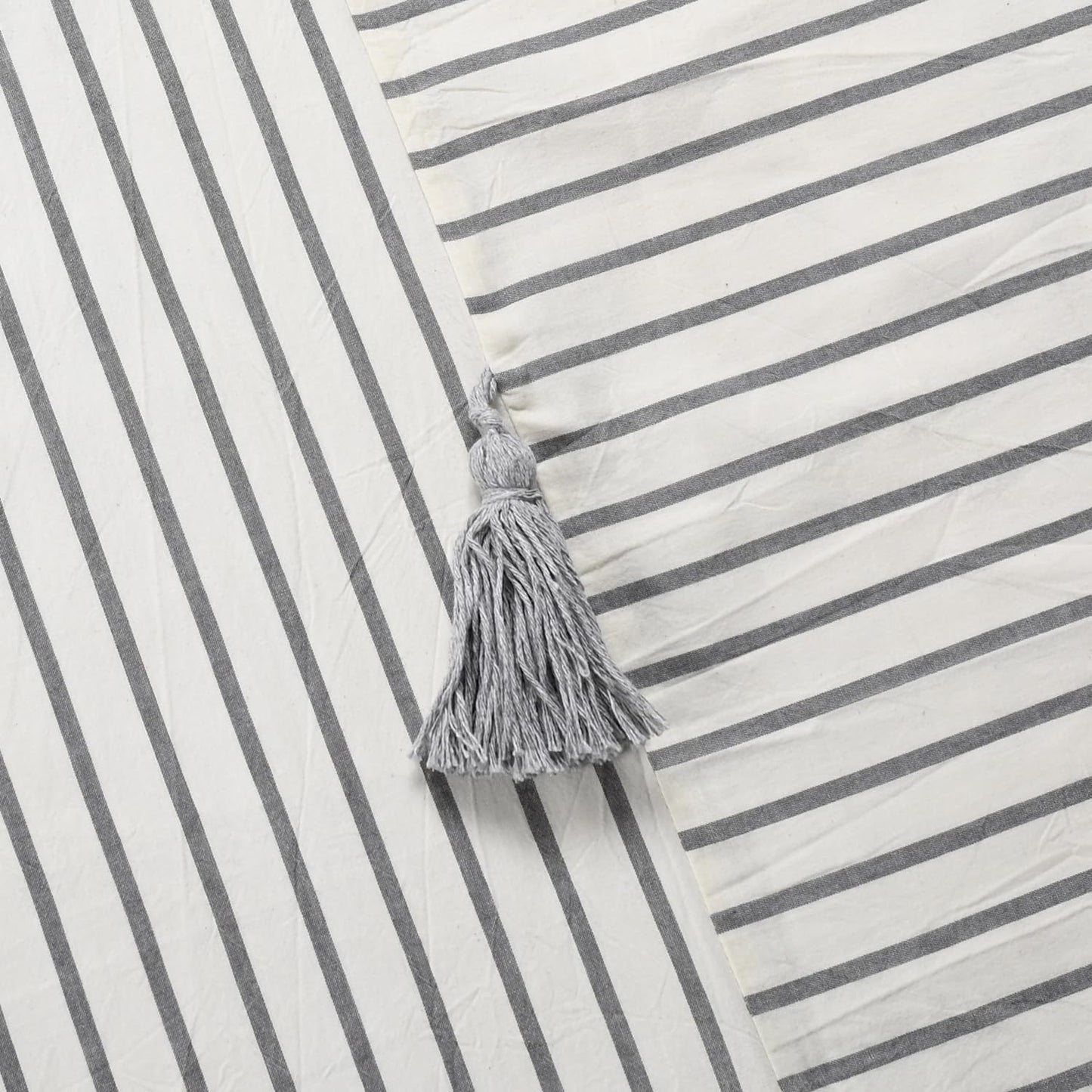 Gray and Beige Stripe Patchwork Cotton Fabric Tassel Shower Curtain for Bathroom,Farmhouse,Country Rustic and Cute Style,72 X 72 In