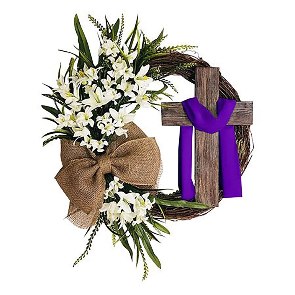 Easter Wreath with Cross Burlap Bow Rustic Grapevine Wreath Spring Decorating Farmhouse Decor Wall Home Decor Gift DIY Easter Front Door Wreath Decoration