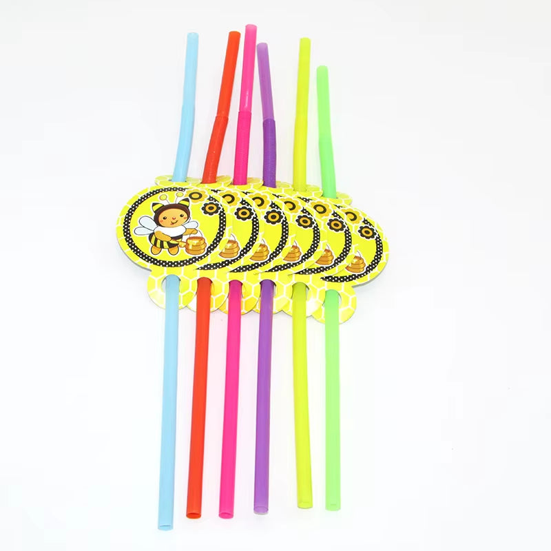 6Pcs Cartoon Bumble Bee Party Disposable Tableware Cups Plates Hats Straw Birthday Party Decorations Kids for 6 Person