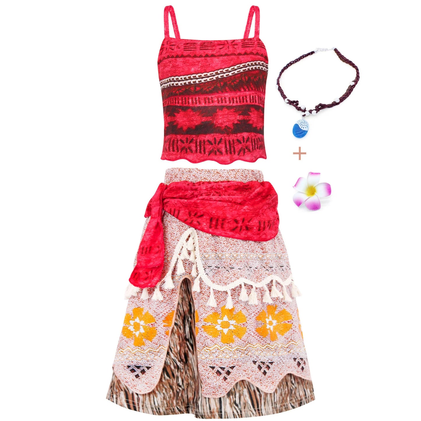 Princess Moana Costume for Girls Adventure Outfit Two-Pieces Crop Top Skirt Set Birthday Party Clothes
