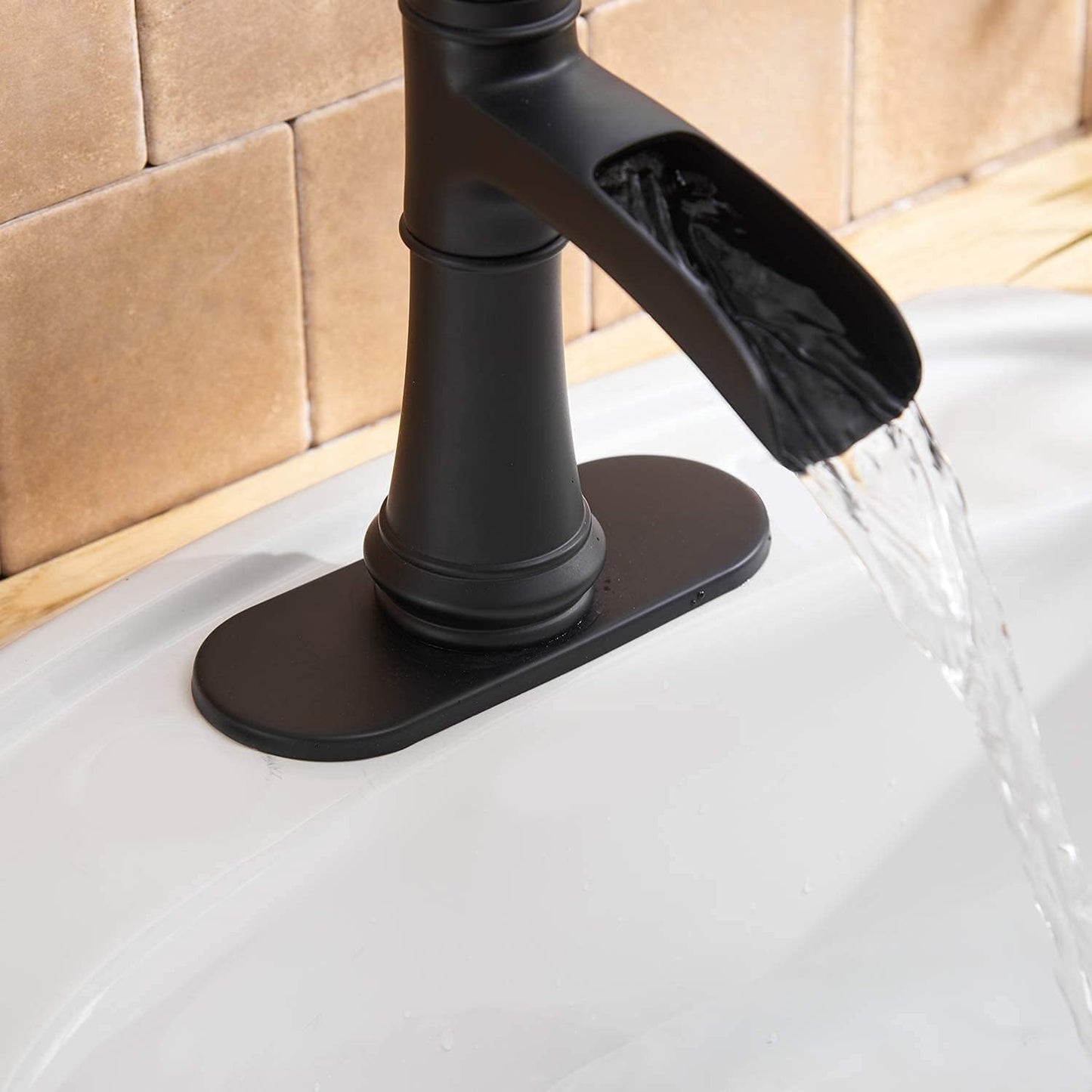 Matte Black Bathroom Faucet Waterfall Sink Faucets & Parts with Drain Stopper, Solid Brass Construction, Easy Installation, Lead-Free