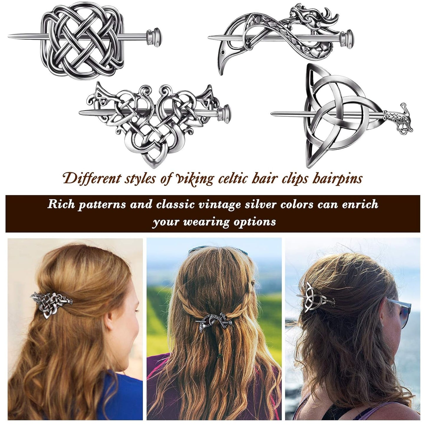 4 Pieces Retro Silver Celtic Hair Slide Hairpins and 11 Pieces Vintage Bronze Viking Hair Sticks Hair Accessories for Women Girls