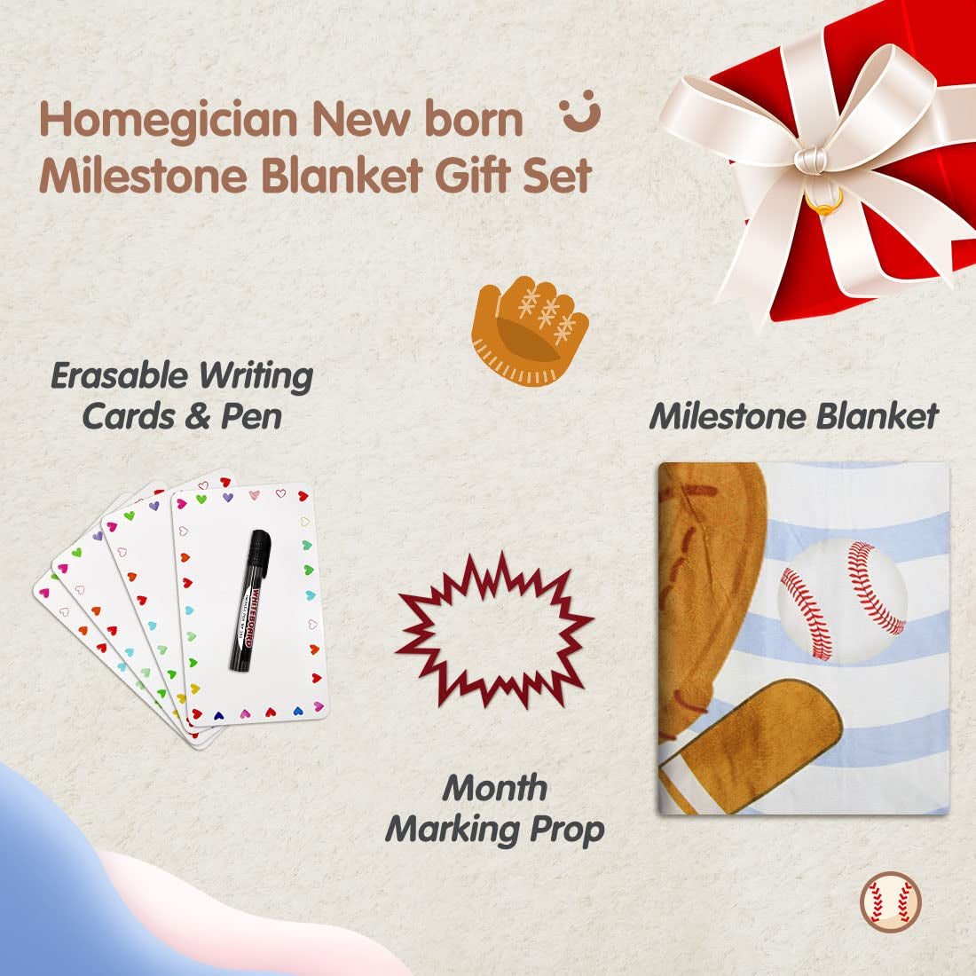 Baby Cotton Swaddle Blanket, Baseball Design, 40X50 Inch, Includes Props, Marker, and Birth Announcement Cards, Unisex