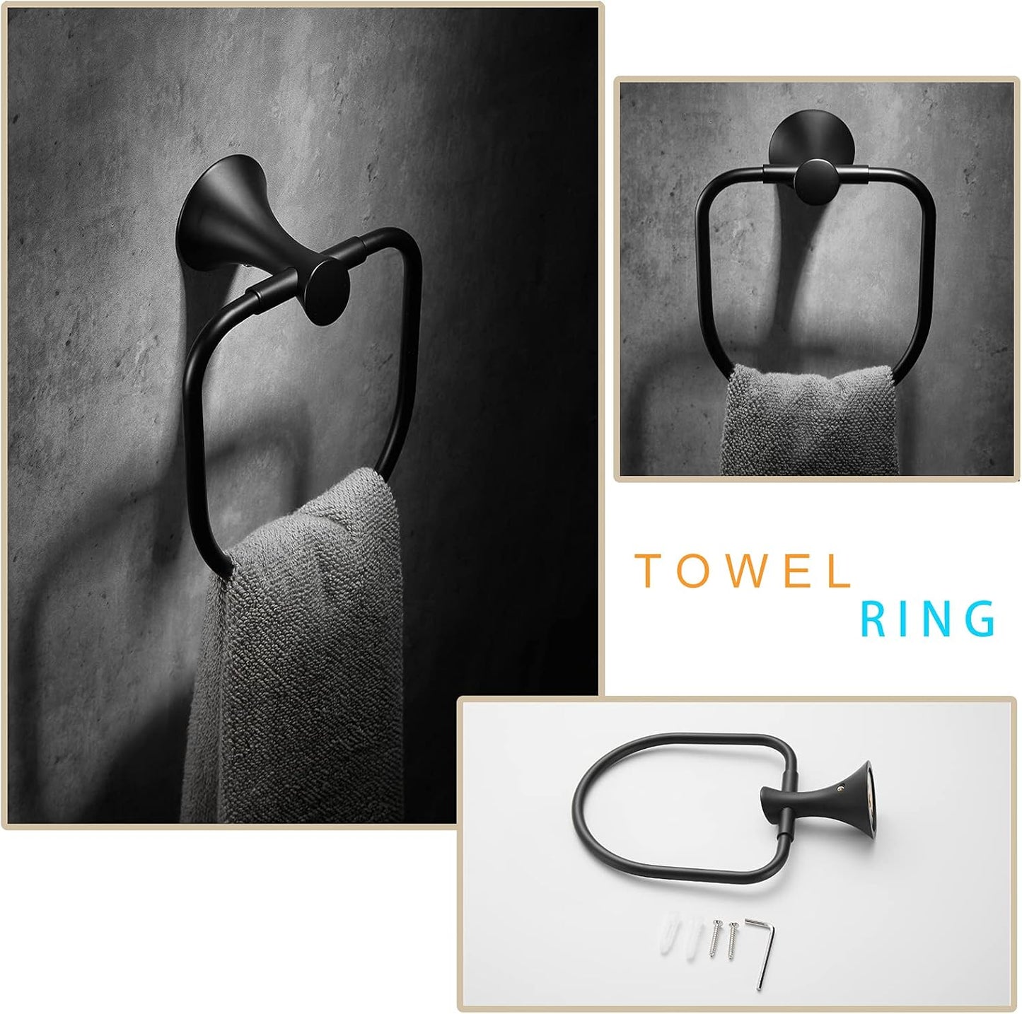 3-Pieces Bathroom Hardware Set Matte Black, Bathroom Accessories Wall Mounted - Includes Hand Towel Ring, Toilet Paper Holder, Robe Towel Hooks,Bathroom Accessories Kit