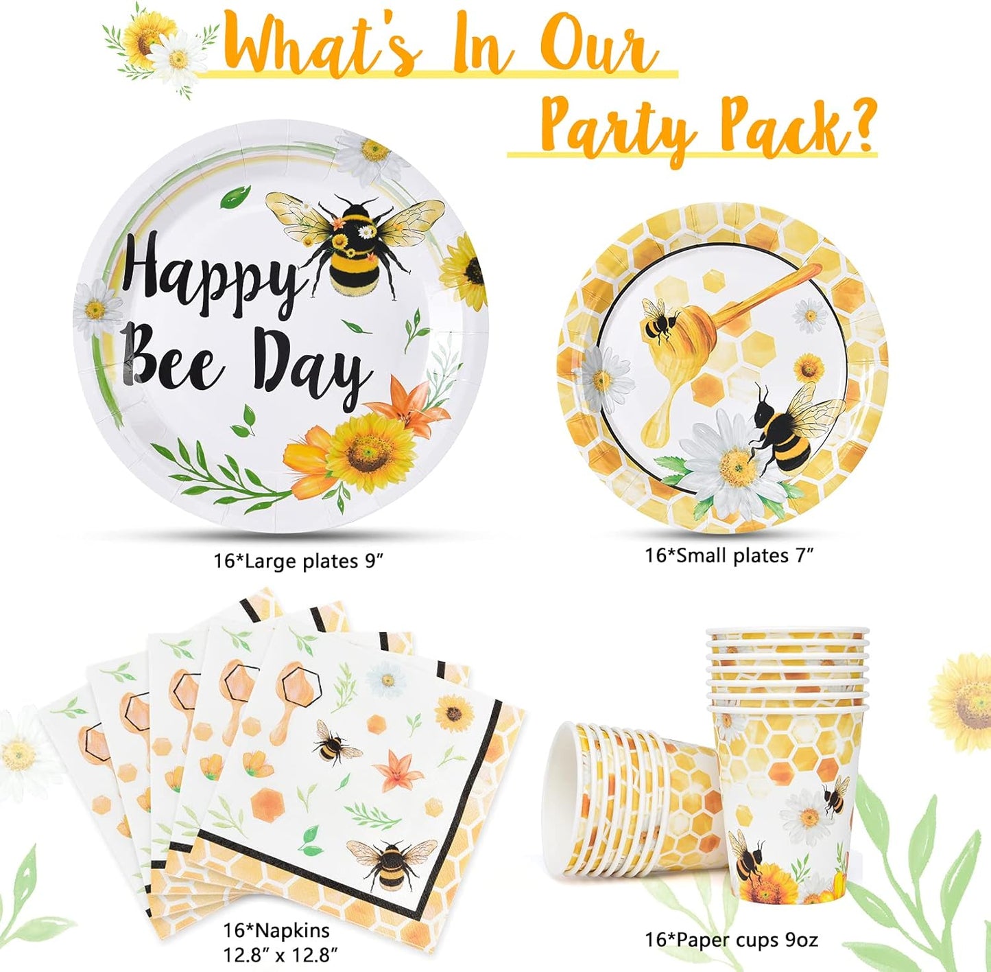 Bee Party Tableware Set - Bee Party Supplies Set for Kids Girls Honey Bee Birthday Bundle Baby Shower Happy Bee Day Paper Plates Cups Napkins Dinnerware Serves 16 Guests 64 PCS
