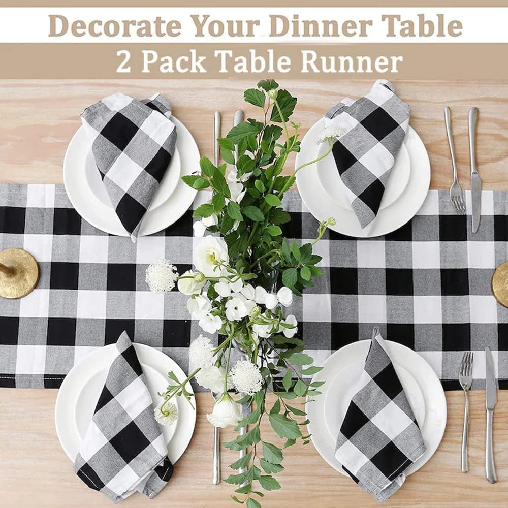 Buffalo Plaid Table Runners 2 Packs 13X84 Inches Black and White Check Table Runner Fall Thanksgiving Table Runners for Parties