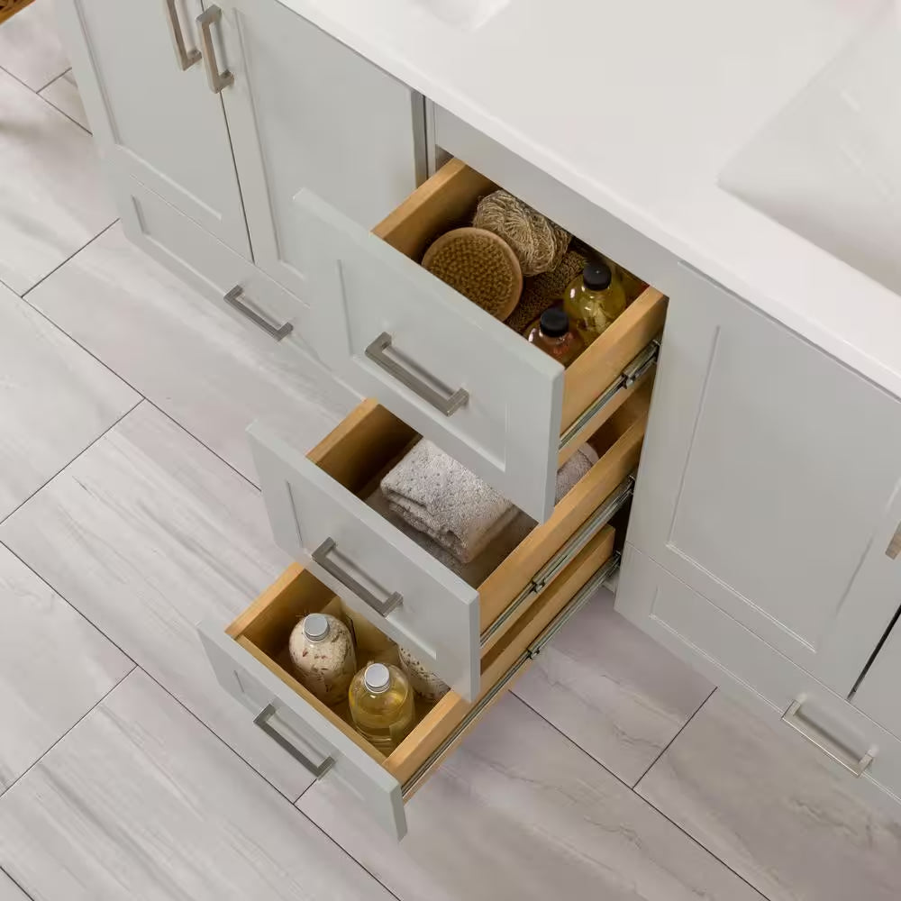 Maybell 61 In. Double Sink Pearl Gray Bath Vanity with White Cultured Marble Top (Assembled)