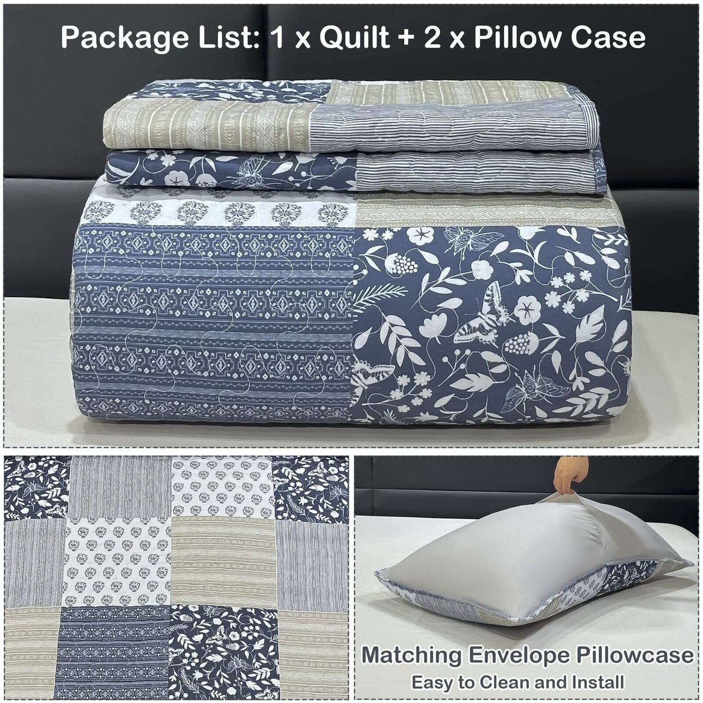 Oversized King Size Quilt Set 128X120 Grey Plaid Patchwork Extra Wide Super K...