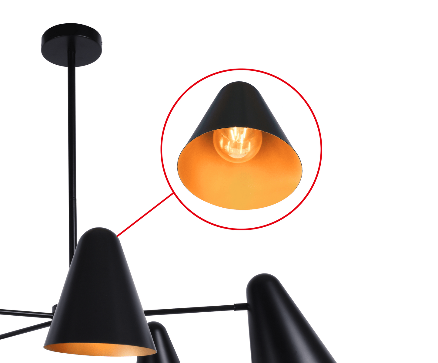 38" Wide Contemporary 5-Head Chandelier, Matte Black, Brass Interior, No Bulb