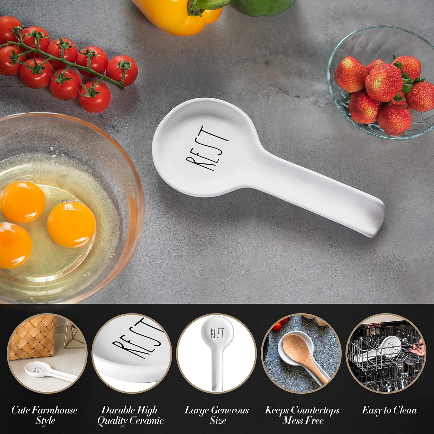 Ceramic Spoon Rest for Stove Top - Farmhouse Spoon Holder for Kitchen Counter - Coffee Spoon Rest, Kitchen Utensil Holder - Cooking Ladle Holder - Farmhouse Kitchen Decor, Accessories, Gifts (White)