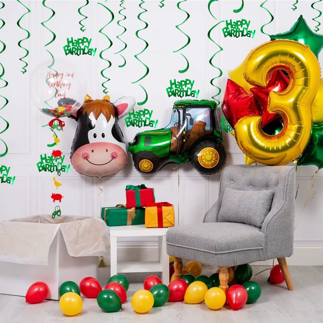 1 Set Farm Tractor Party Happy Birthday Banner Excavator Vehicle Green Theme Balloons Cake Topper Party Decoration