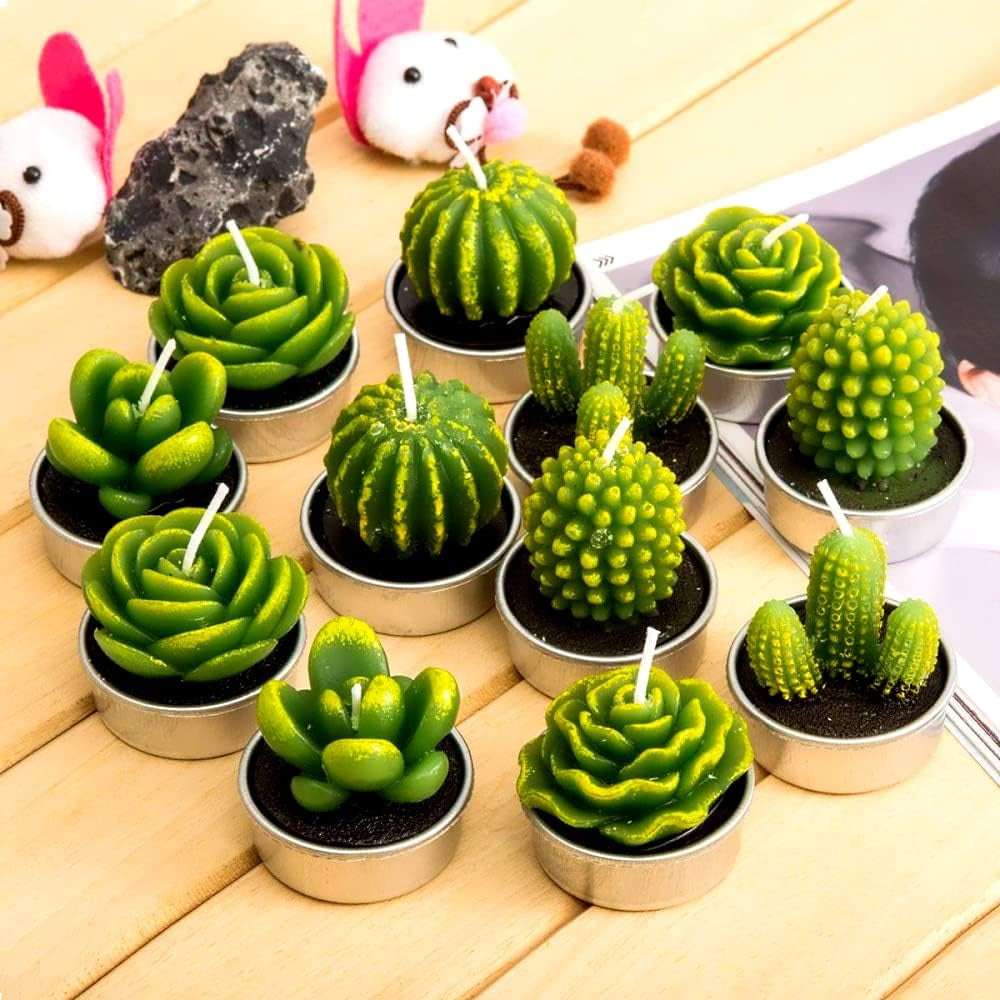 Cactus Tealight Candles, Unscented Decoration Tea Lights Candle, for Decor, Party Favors, Wedding, Baby, and Bridal Shower (12 Pieces)