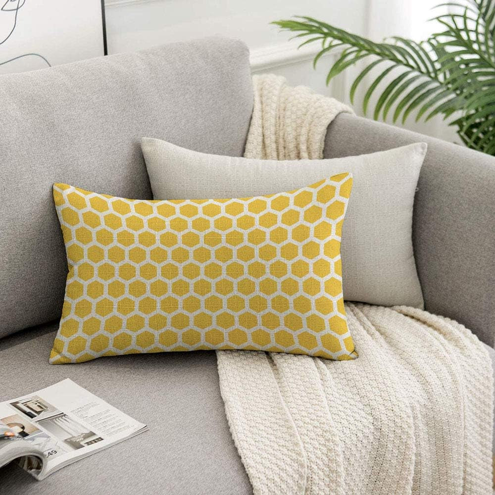 Bee Honeycombs Throw Pillow Cover Yellow and White Abstract Seamless Pattern Linen Fabric for Couch Bed Sofa Car Waist Cushion Cover 12 X 20 Inch Pillow Case