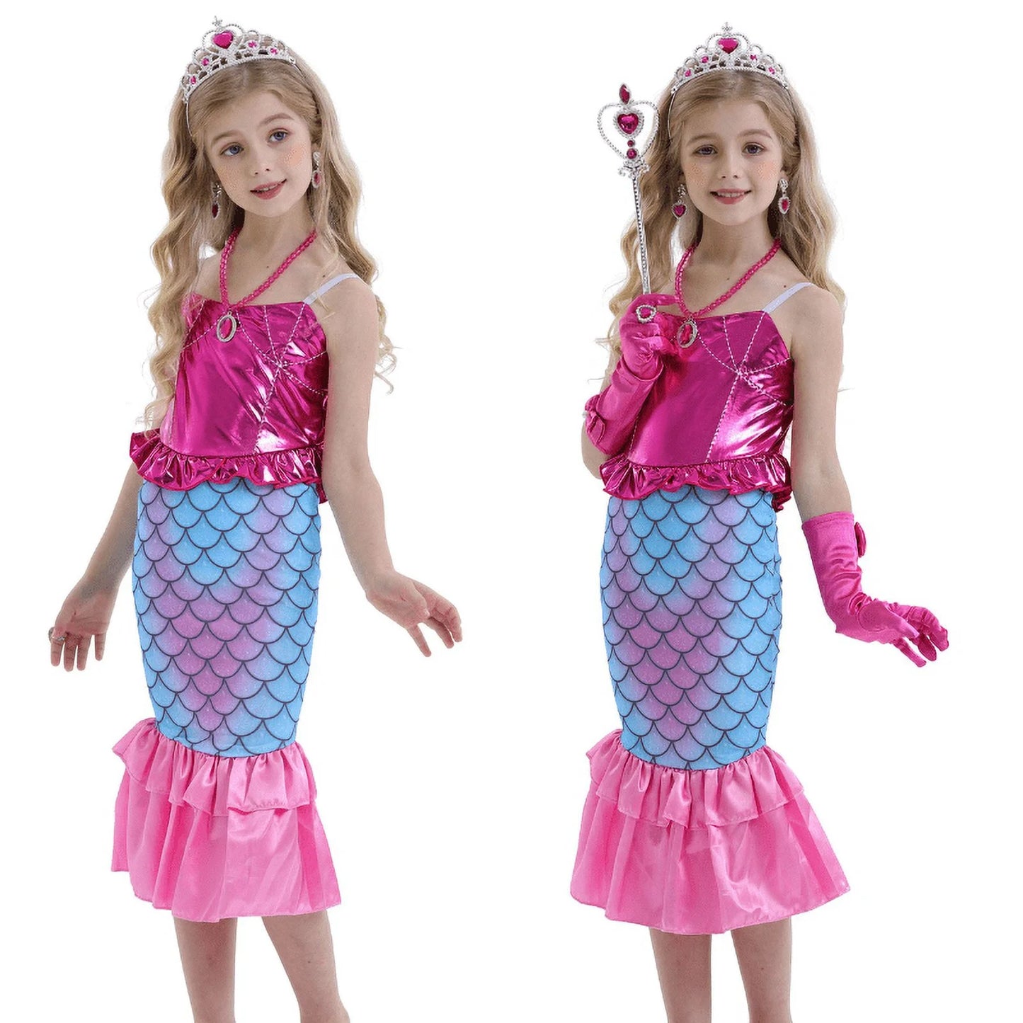 Little Girls Mermaid Costume Ariel Princess Dress up Kids Party Fancy Cosplay Childs Party Holiday Birthday Outfit with Accessories 140 CM 9-10 Years