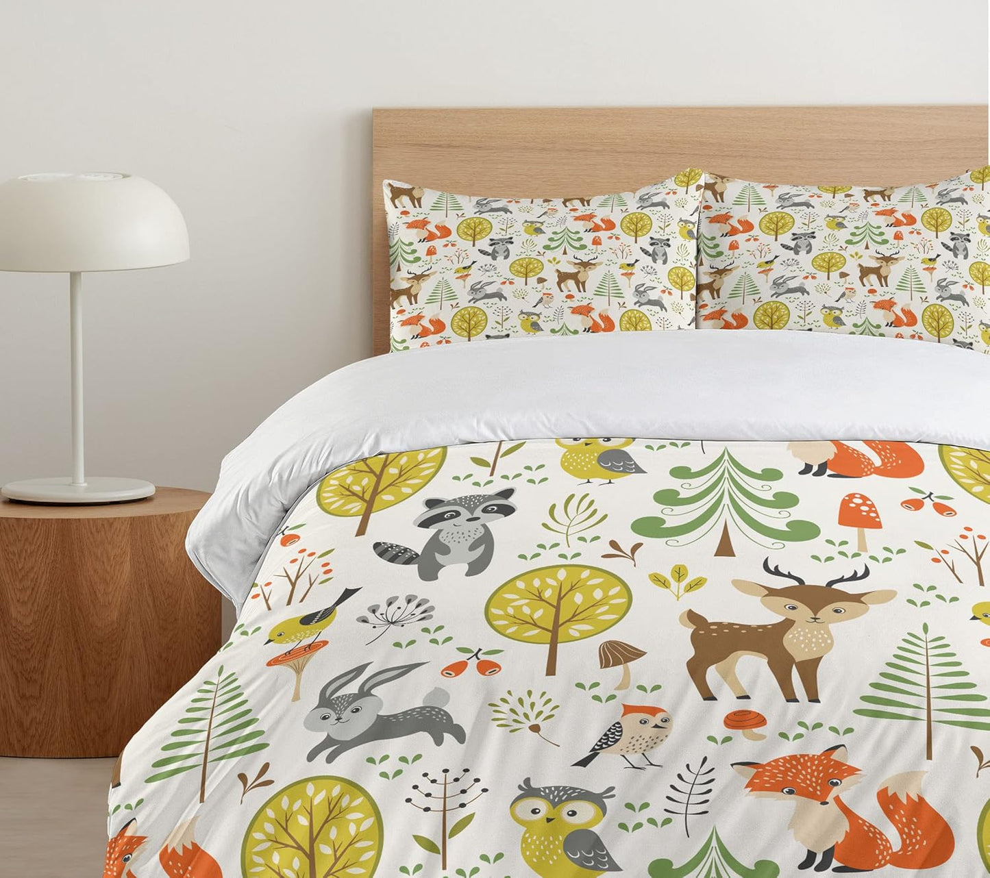 Animals Duvet Cover Set, Woodland Forest Animals Trees Birds Owls Fox Bunny Deer Raccoon Mushroom Print, Decorative 3 Piece Bedding Set with 2 Pillow Shams, King Size, Orange