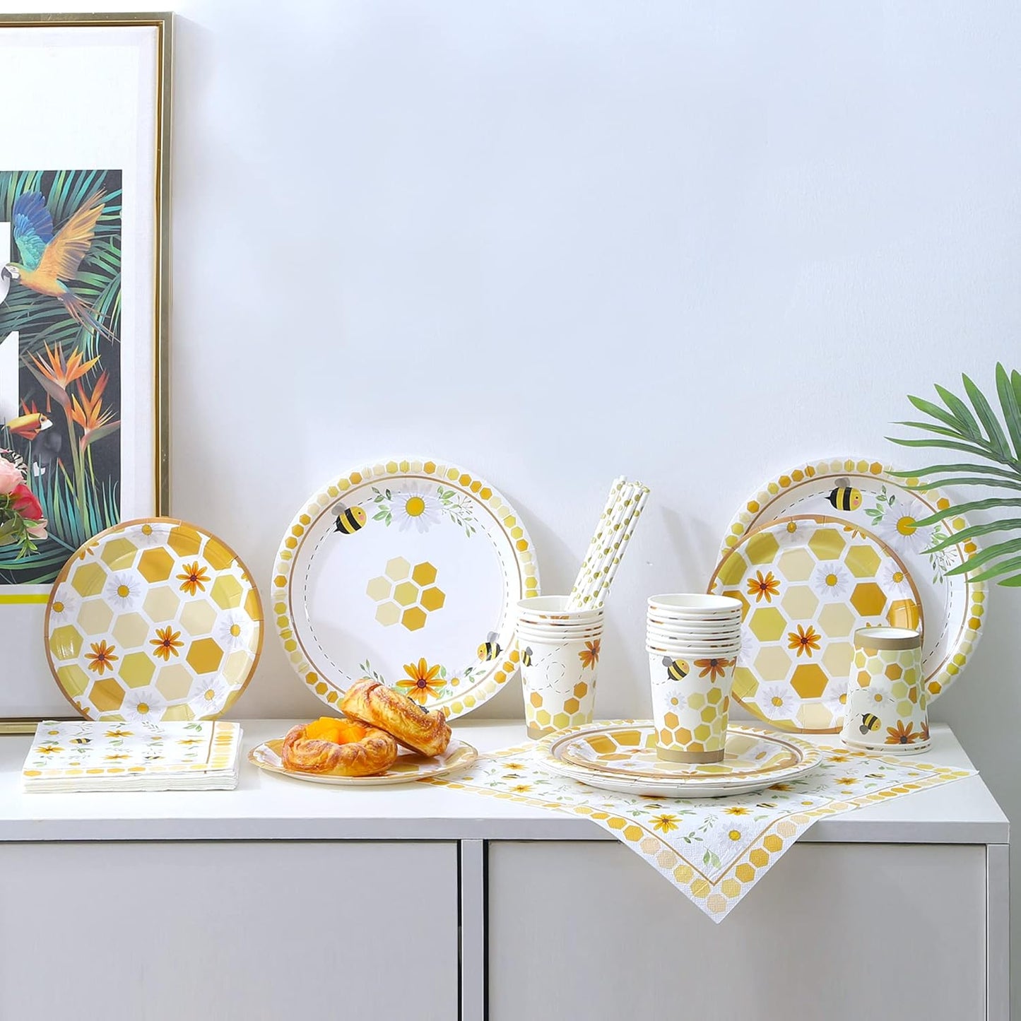 Bee Themed Party Supplies – Serves 16 – Includes Disposable Bee Plates, Cups, Napkins, and Straws Perfect for Bee Decorations, Bumble Bee Birthday Party Pack, Bee Gender Reveal, and Baby Shower