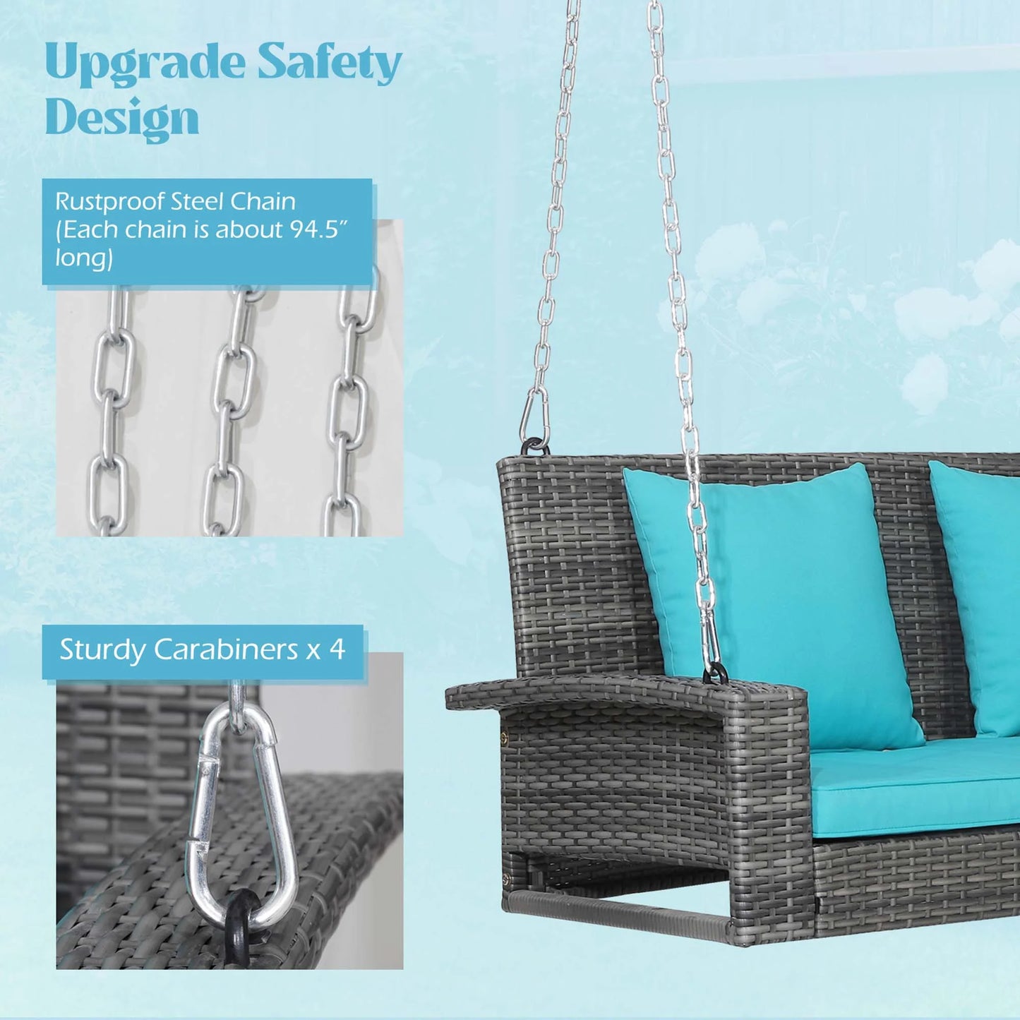 Fashion 2-Person Patio Hanging Porch Swing Rattan 800LBS Swing Bench W/ Turquoise Cushions
